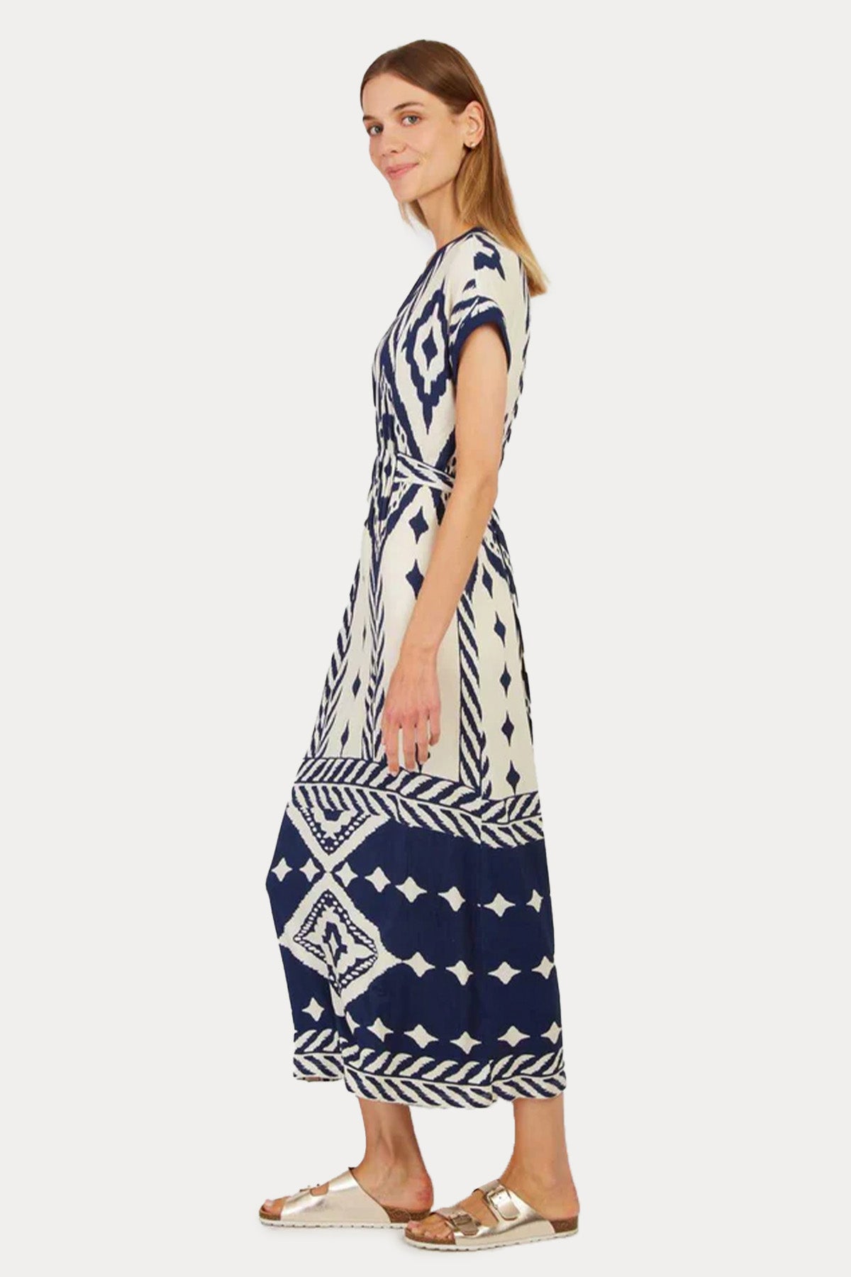 Rene Derhy Pivert Beli Lastikli Desenli Midi Elbise