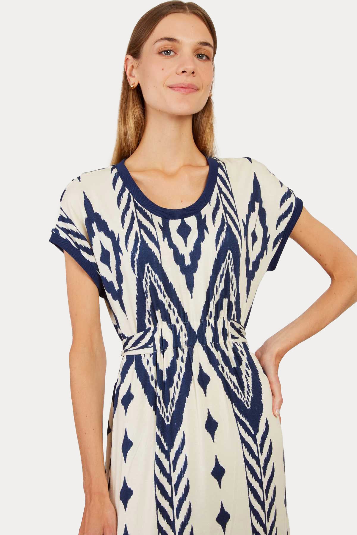 Rene Derhy Pivert Beli Lastikli Desenli Midi Elbise