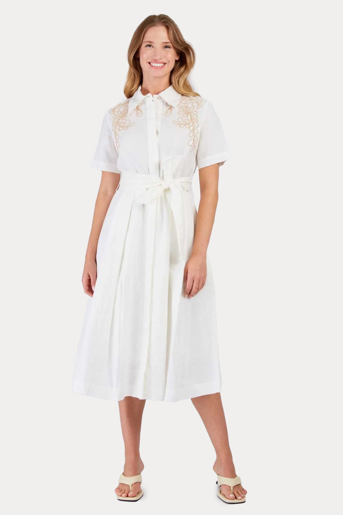 Rene Derhy Camelia Kuşaklı Nakış Desenli Keten Midi Gömlek Elbise