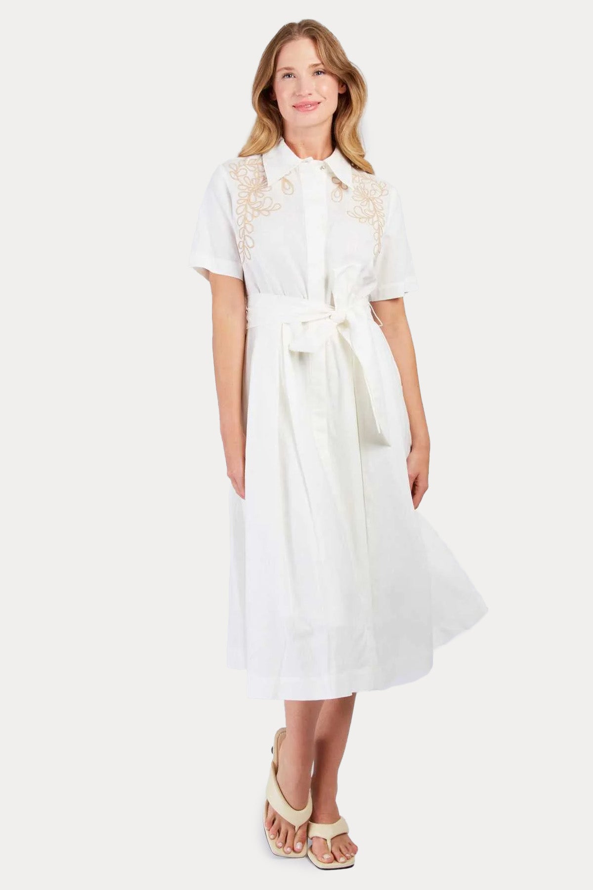 Rene Derhy Camelia Kuşaklı Nakış Desenli Keten Midi Gömlek Elbise