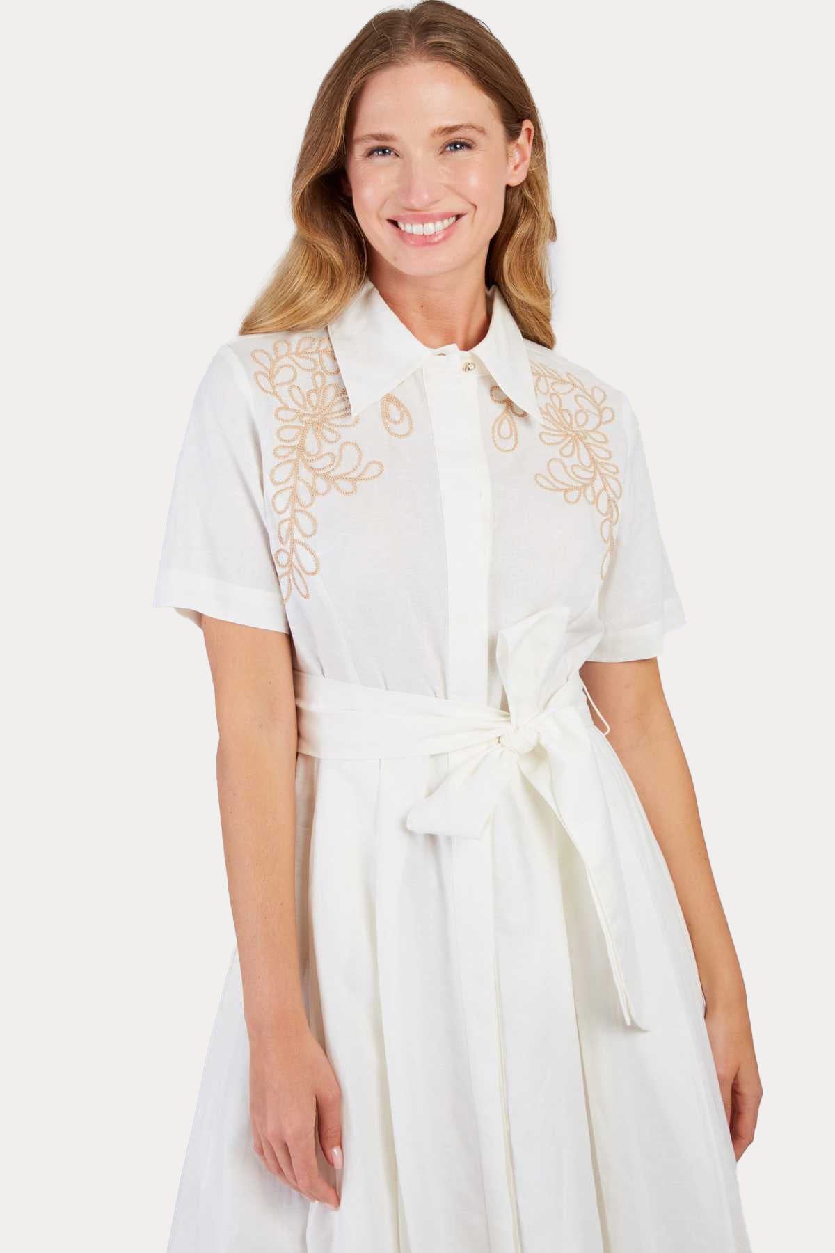 Rene Derhy Camelia Kuşaklı Nakış Desenli Keten Midi Gömlek Elbise