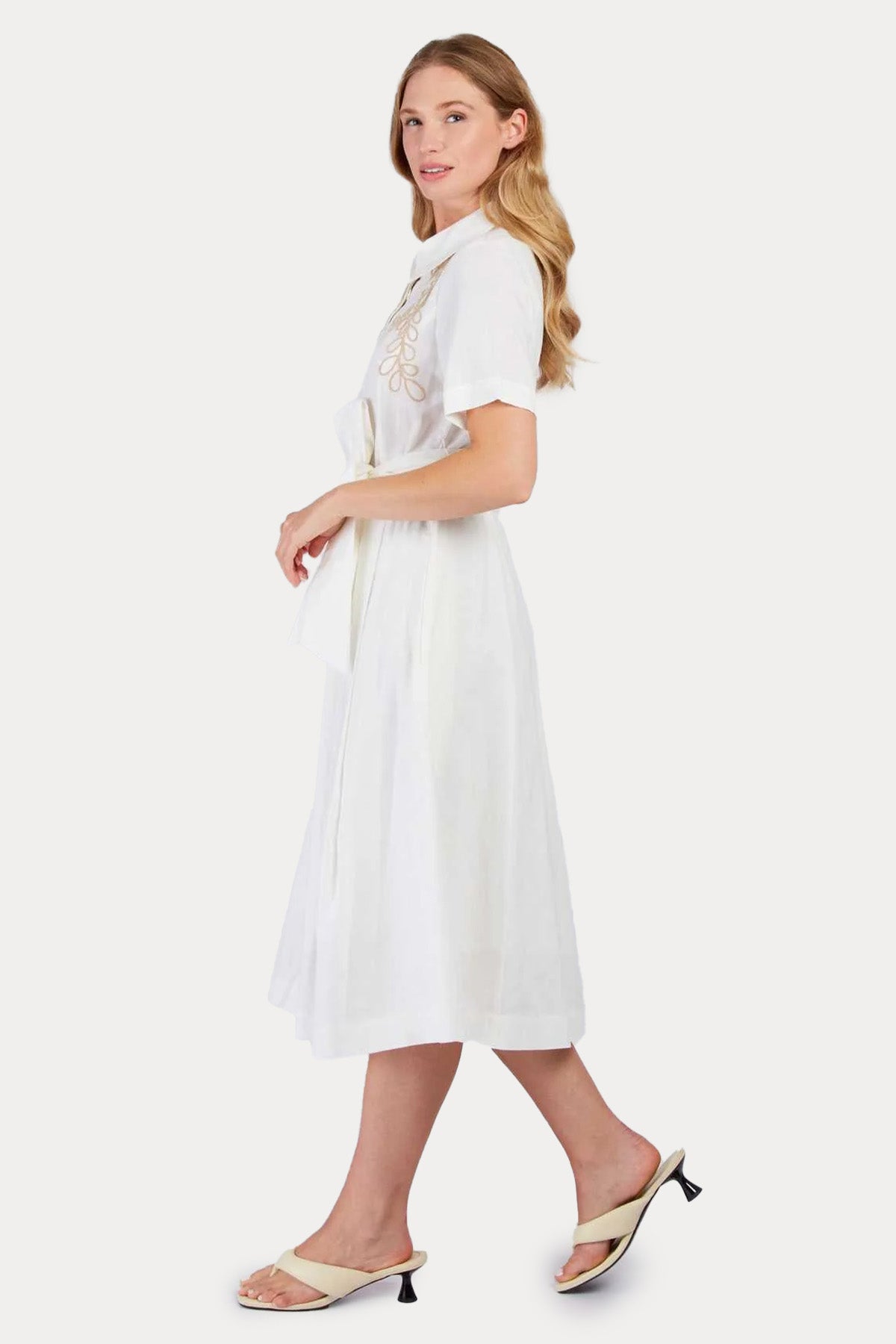 Rene Derhy Camelia Kuşaklı Nakış Desenli Keten Midi Gömlek Elbise