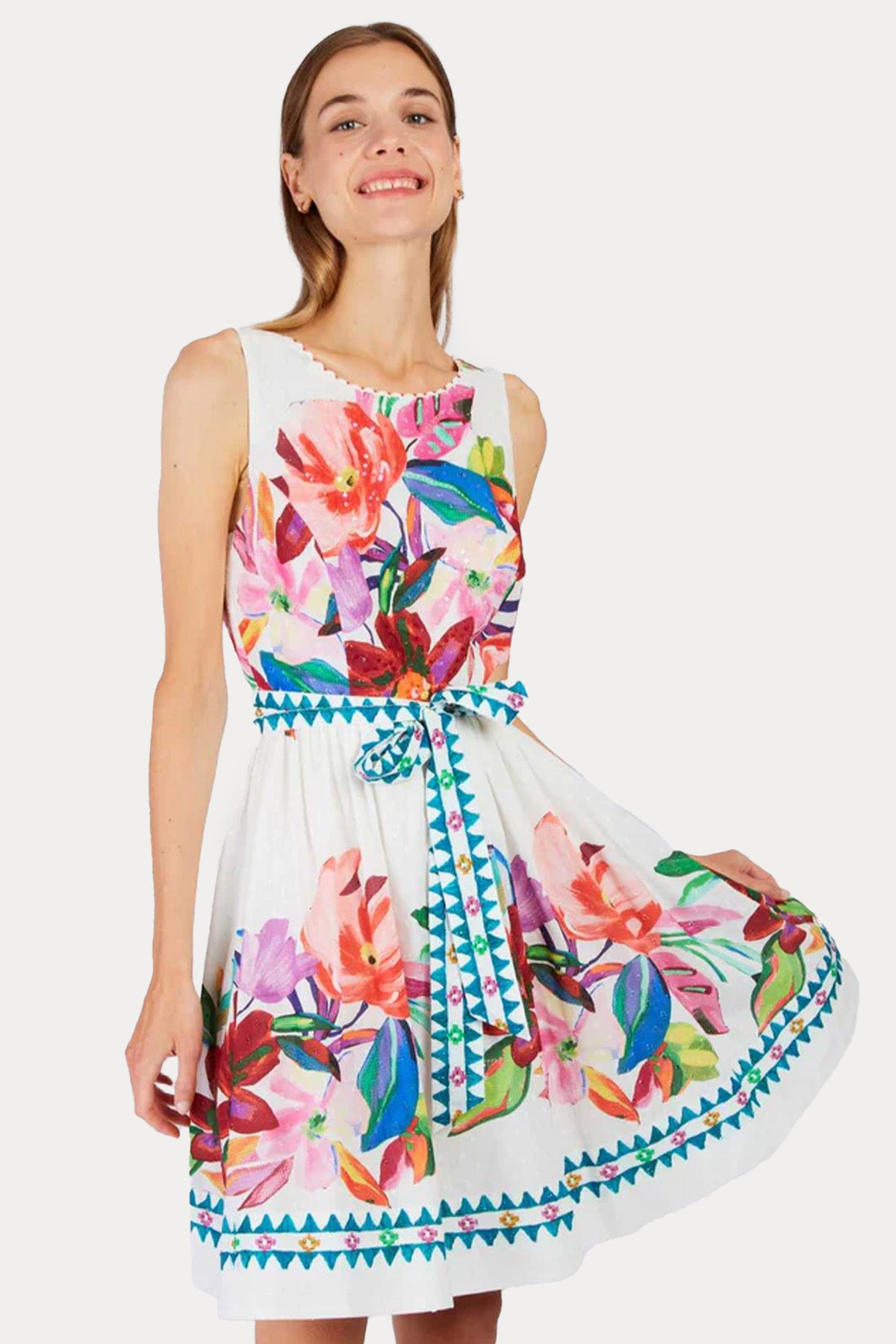 Rene Derhy Poppy Kuşaklı Renkli Desenli Mini Elbise