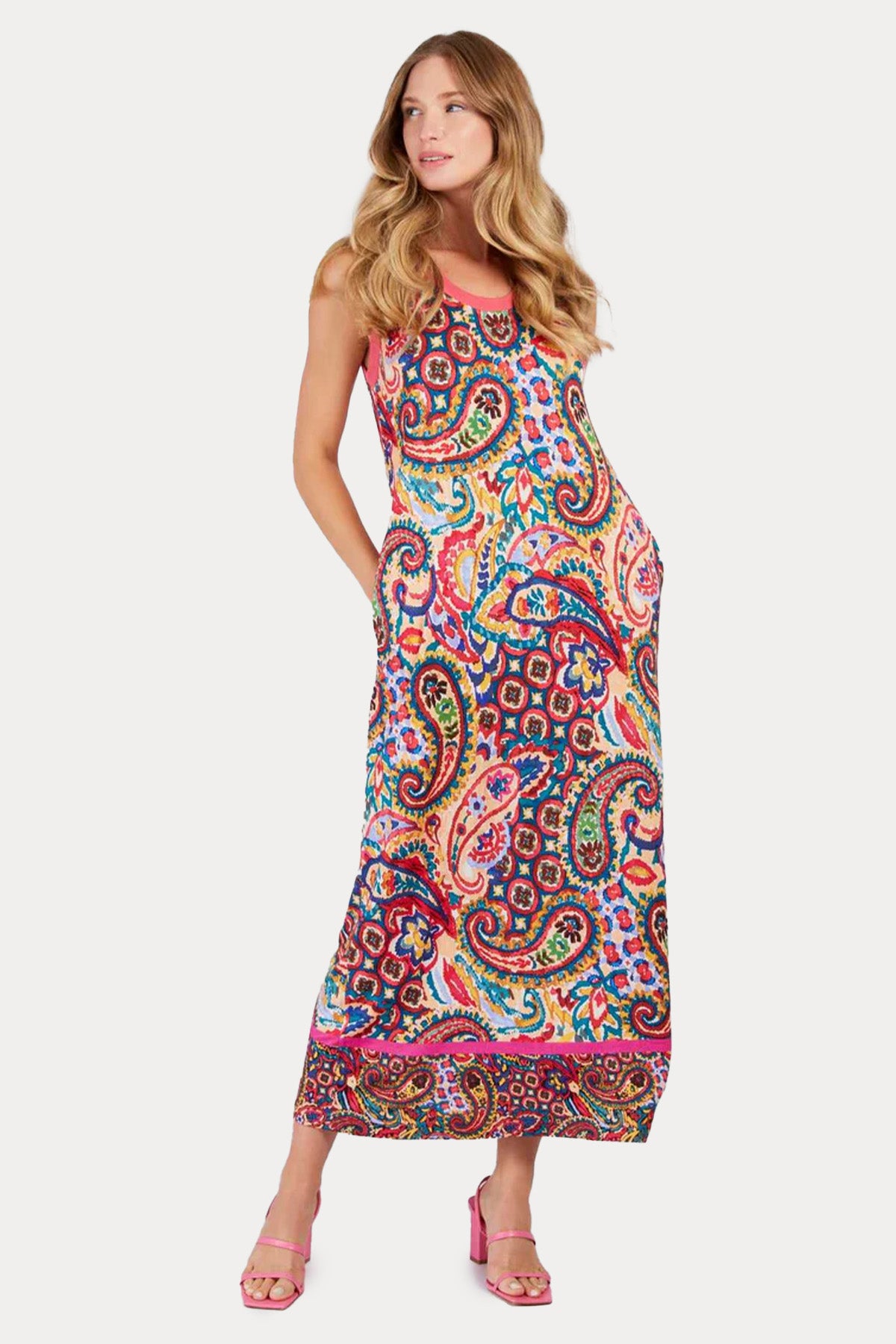 Rene Derhy Pyrgos Yuvarlak Yaka Etnik Desenli Maxi Elbise