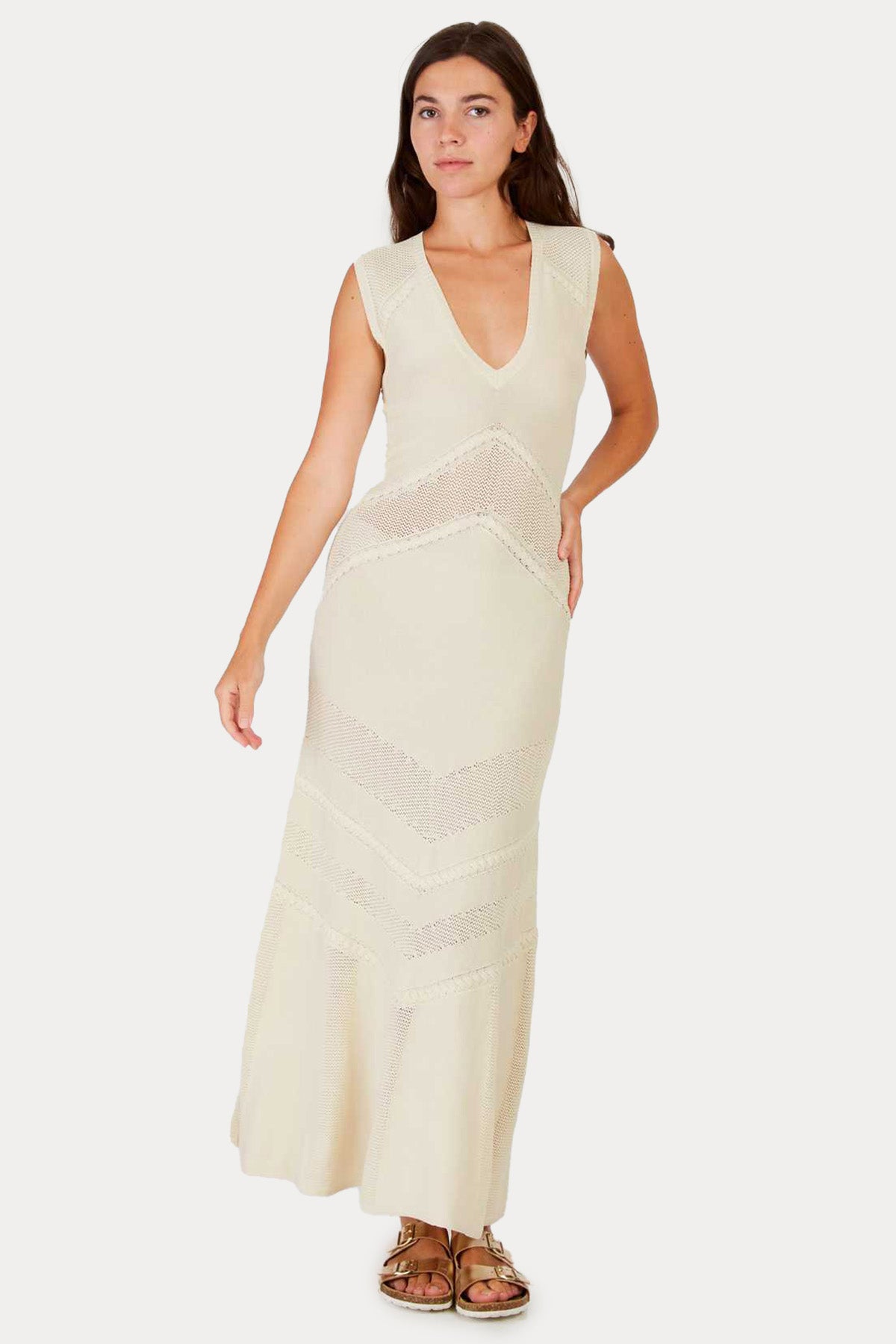 Rene Derhy Xanadu V Yaka Dantel Nakışlı Maxi Örgü Elbise