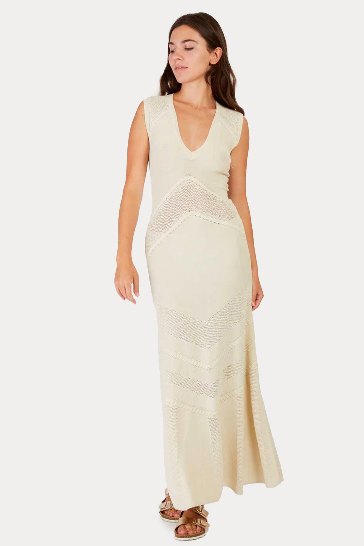 Rene Derhy Xanadu V Yaka Dantel Nakışlı Maxi Örgü Elbise