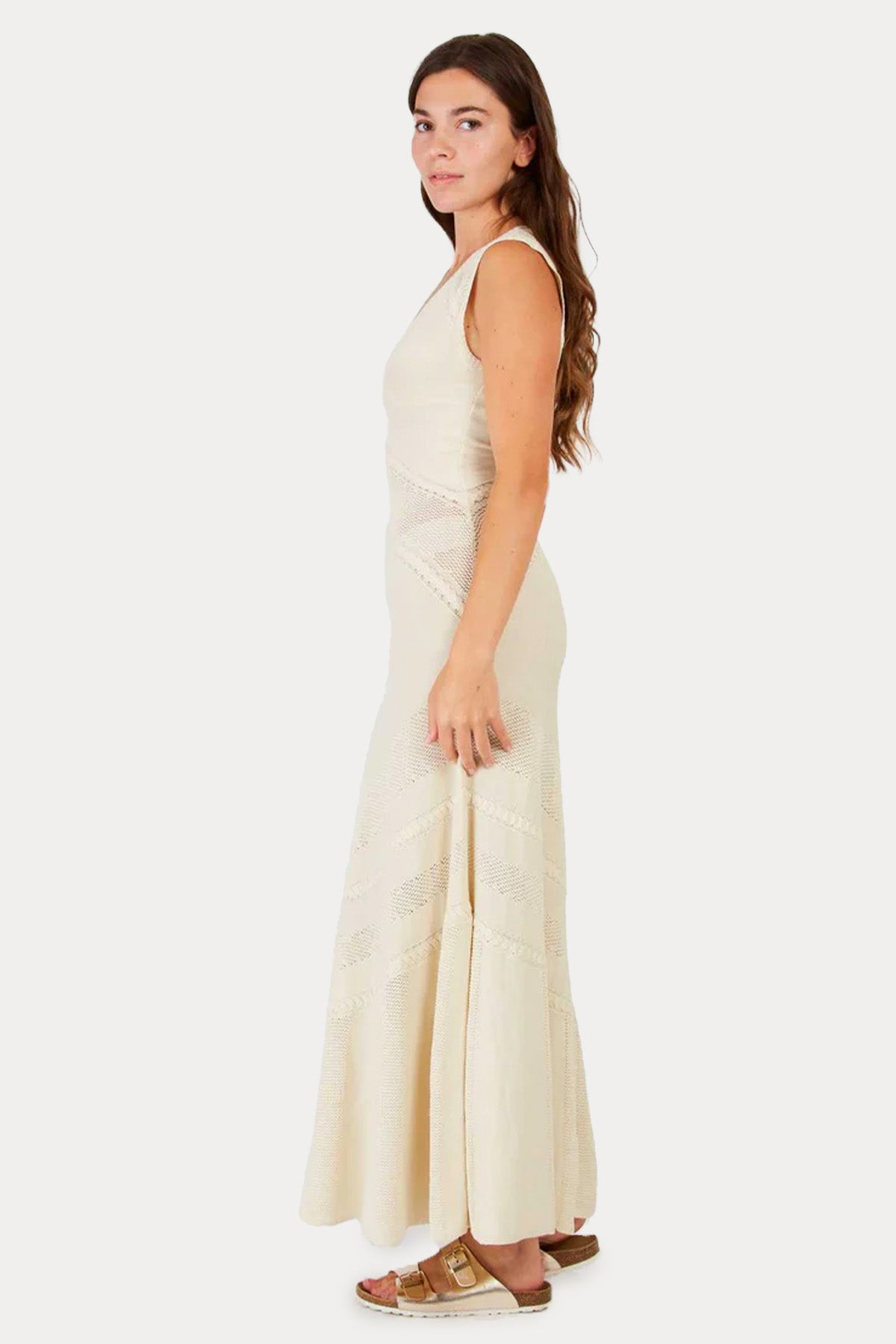 Rene Derhy Xanadu V Yaka Dantel Nakışlı Maxi Örgü Elbise