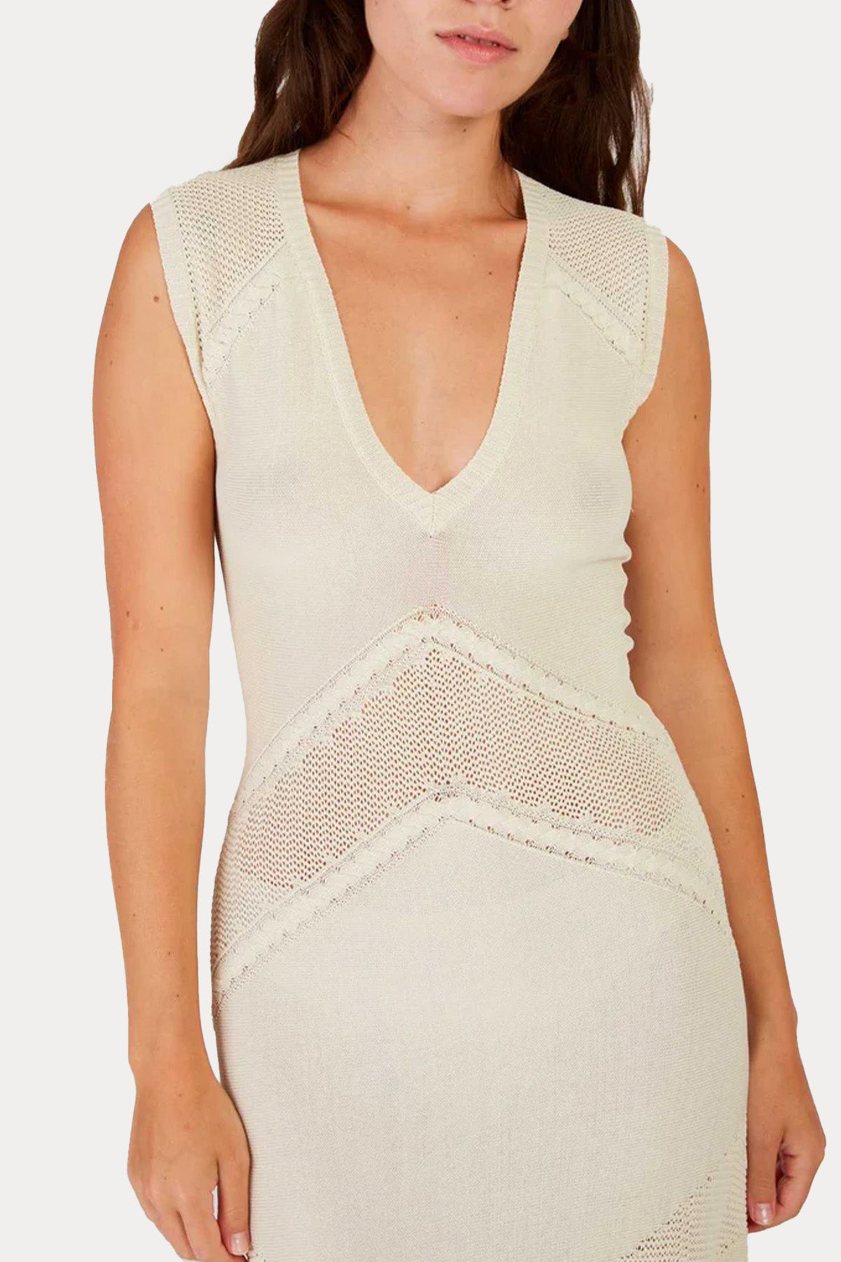 Rene Derhy Xanadu V Yaka Dantel Nakışlı Maxi Örgü Elbise