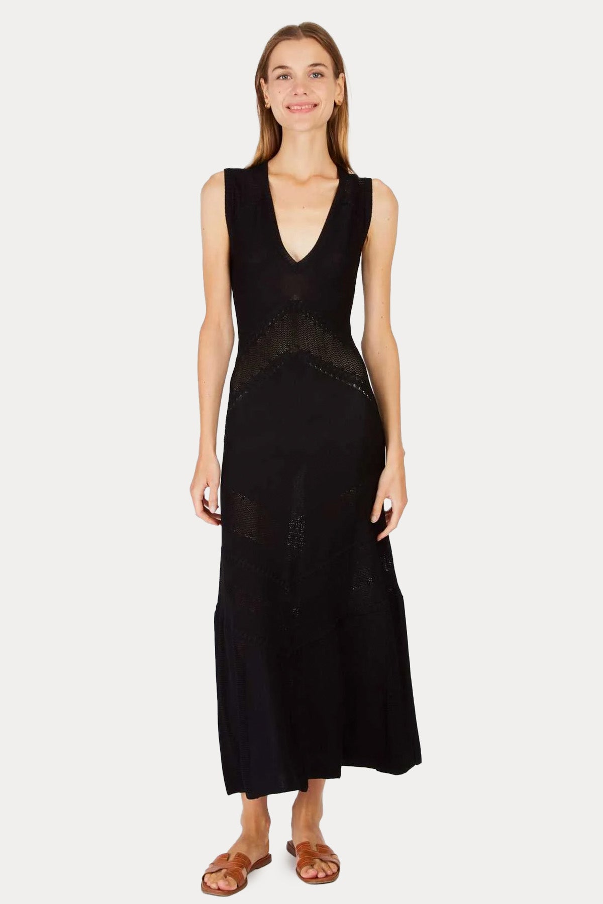 Rene Derhy Xanadu V Yaka Dantel Nakışlı Maxi Örgü Elbise