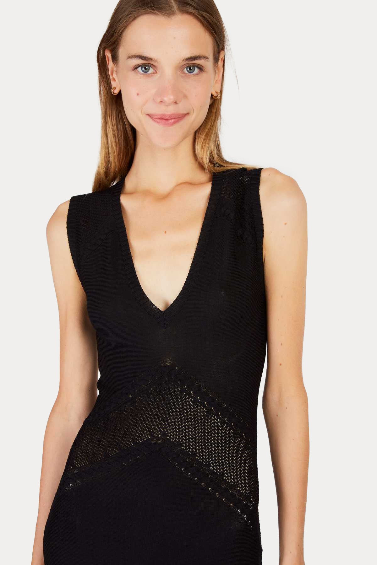 Rene Derhy Xanadu V Yaka Dantel Nakışlı Maxi Örgü Elbise