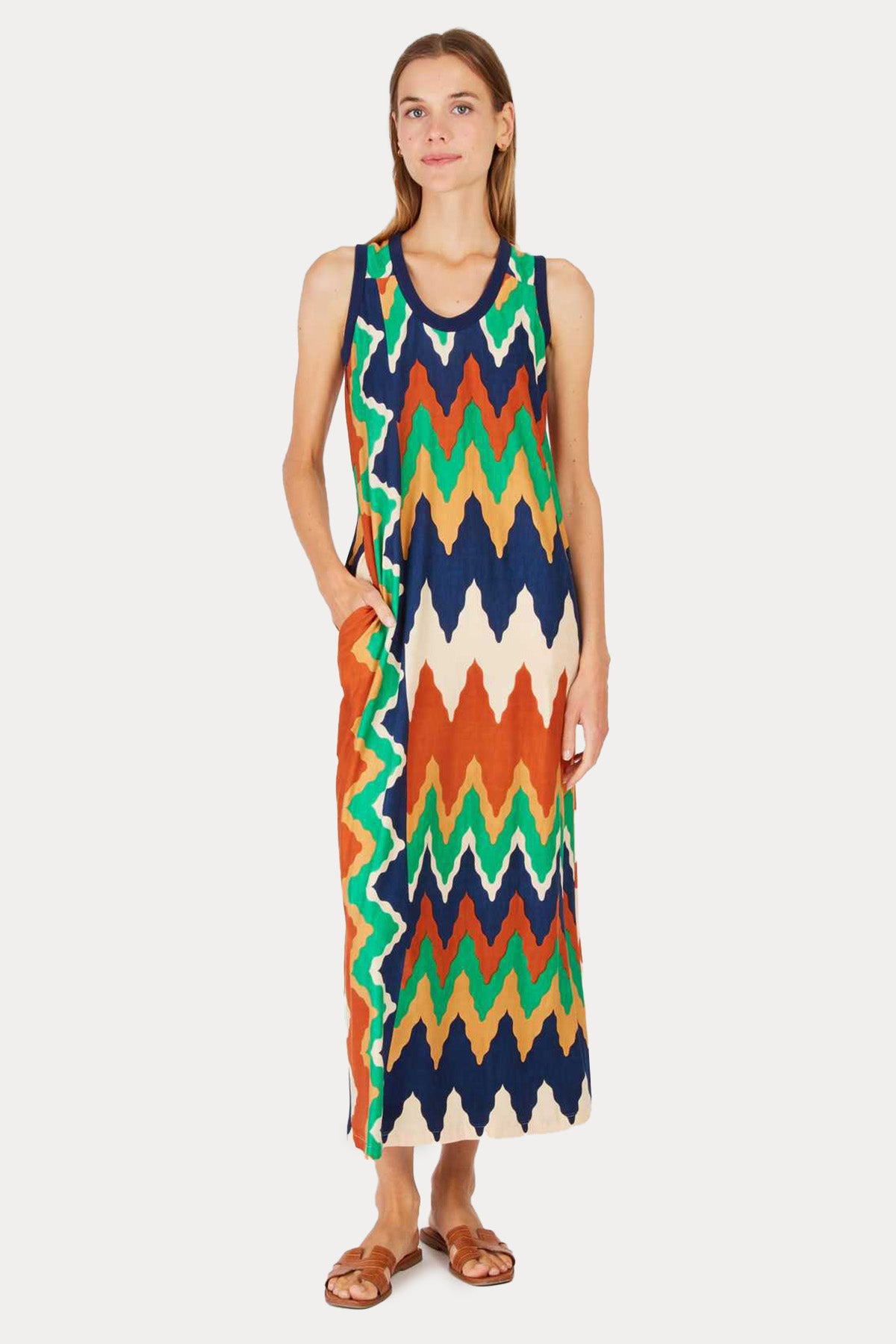 Rene Derhy Priscia Zikzak Renkli Desenli Midi Elbise