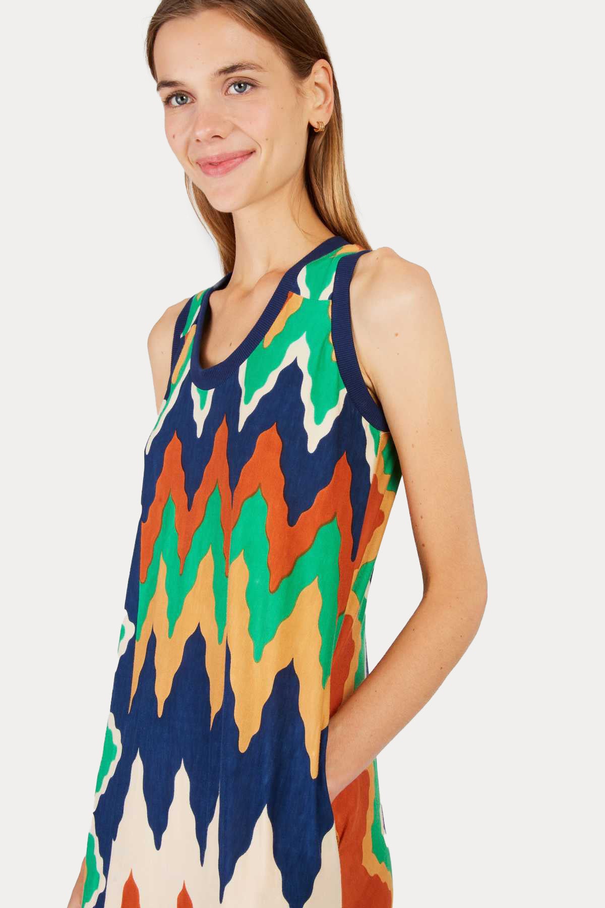 Rene Derhy Priscia Zikzak Renkli Desenli Midi Elbise