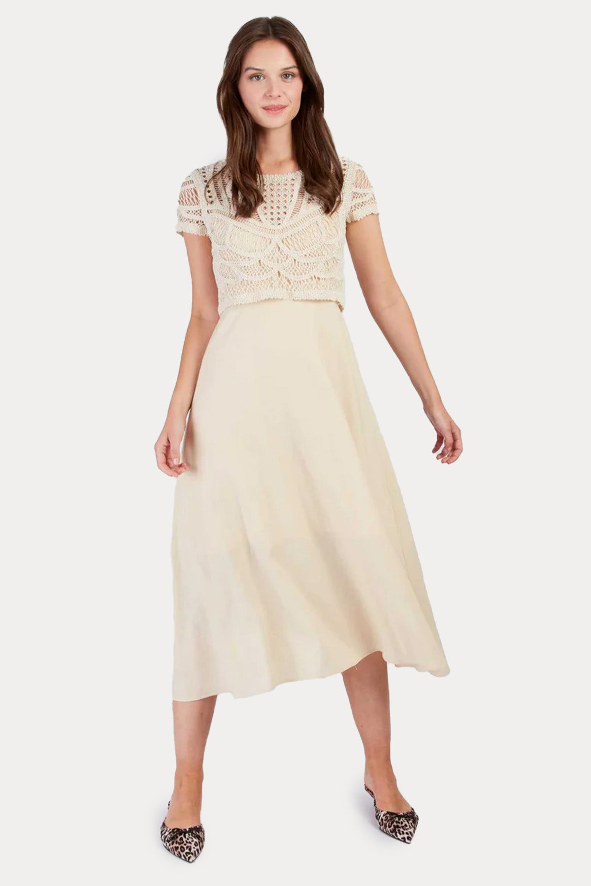 Rene Derhy Circe Örgü Detaylı Midi Keten Elbise