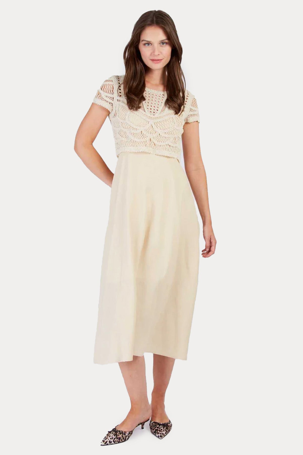 Rene Derhy Circe Örgü Detaylı Midi Keten Elbise