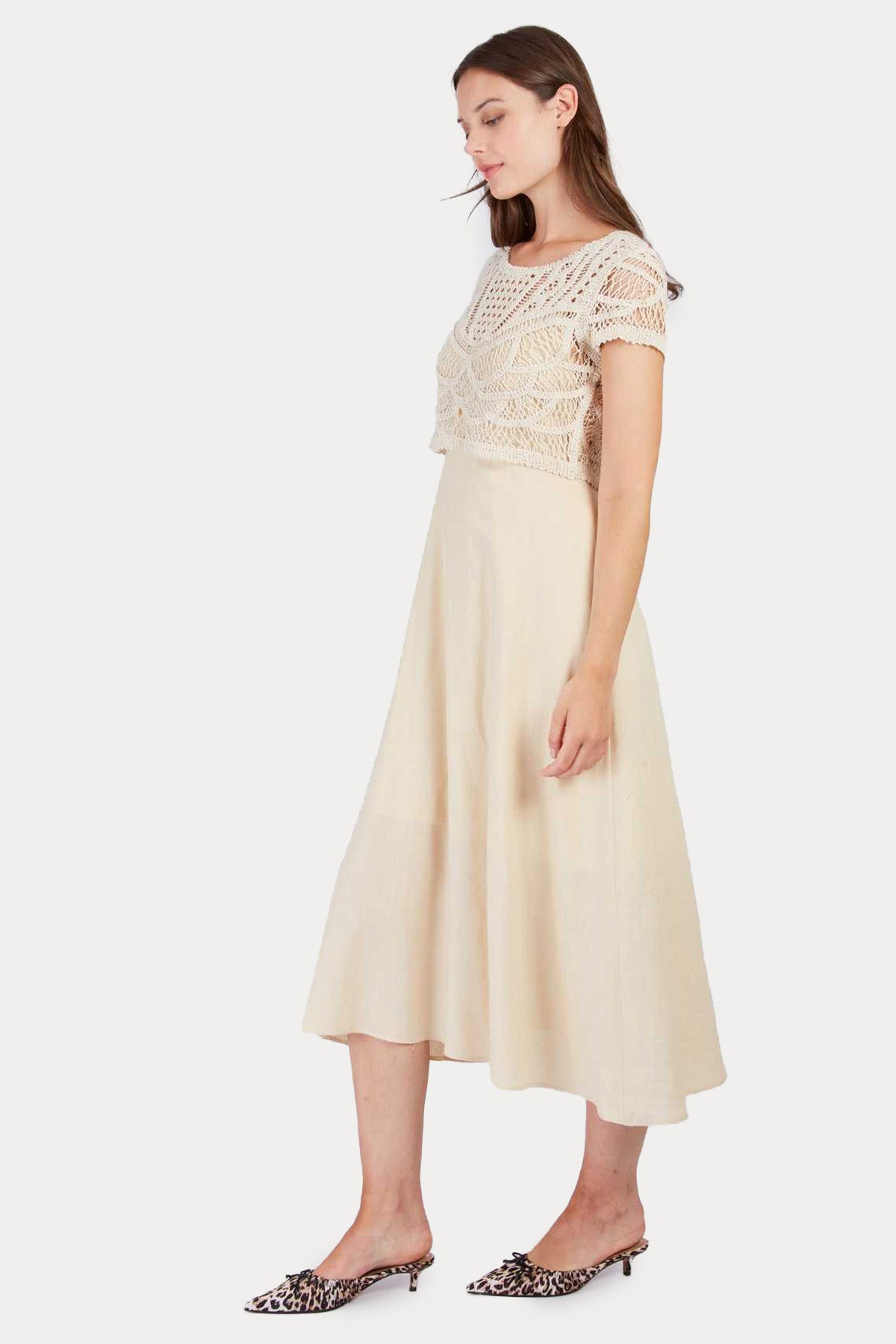 Rene Derhy Circe Örgü Detaylı Midi Keten Elbise