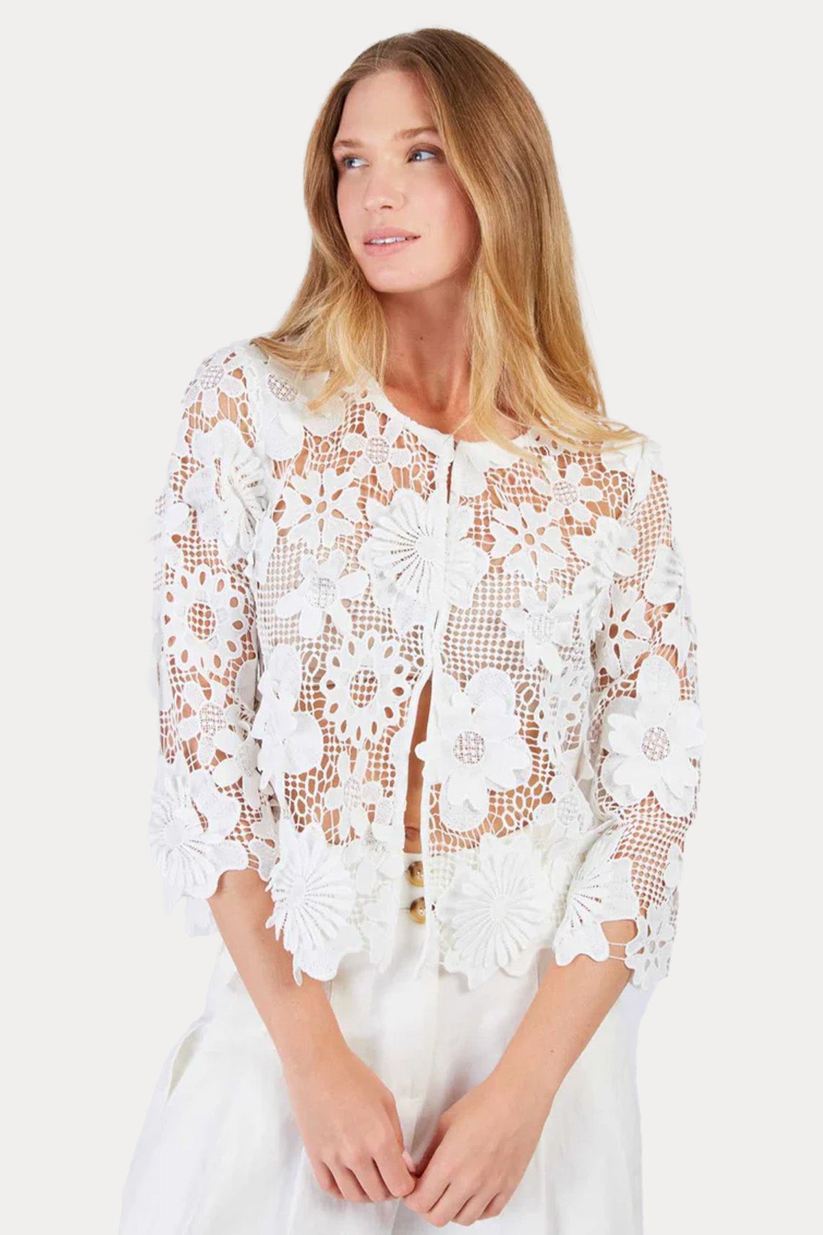 Rene Derhy Jeannette Lazer Kesim Dantel Nakışlı Triko Ceket