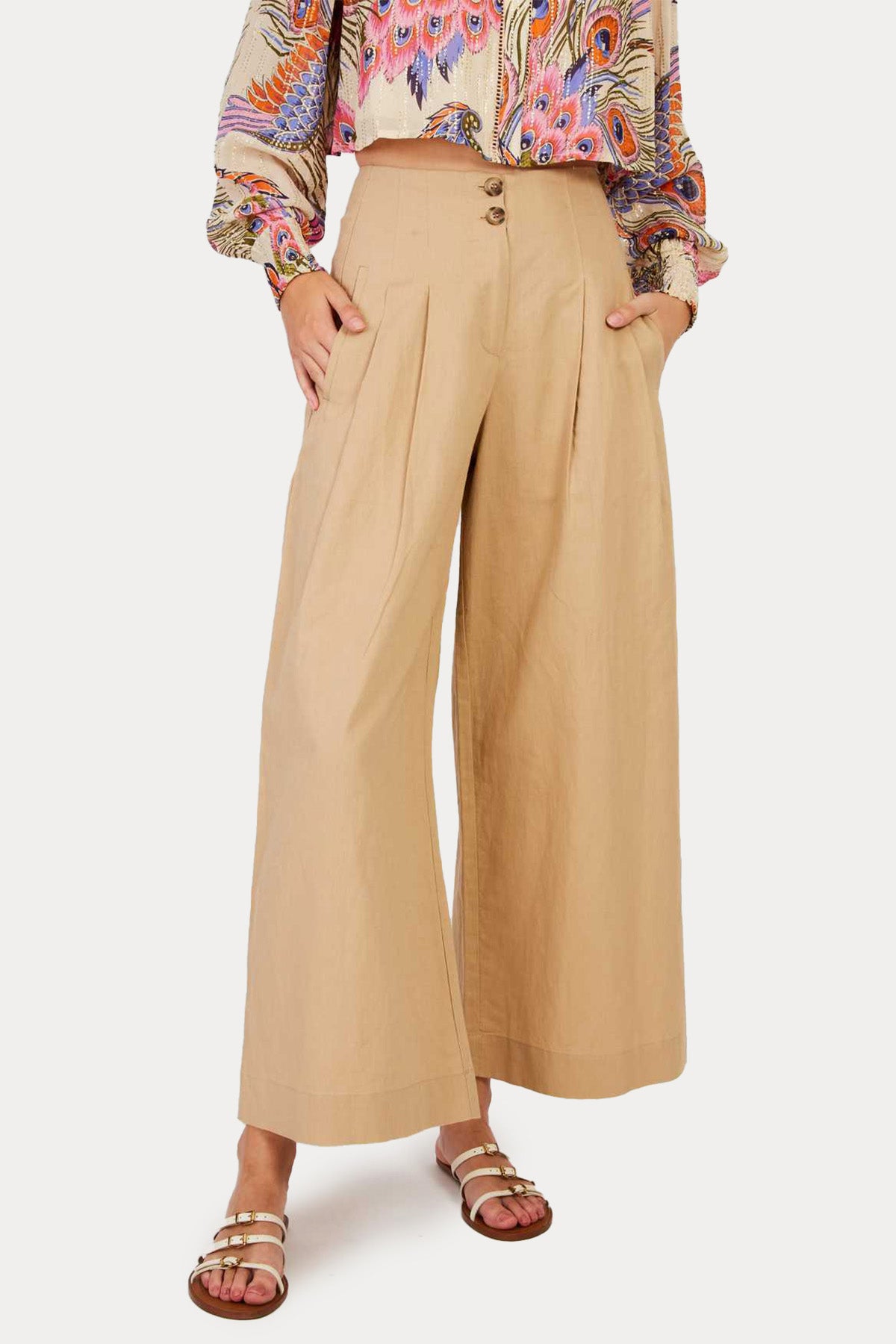 Rene Derhy Daisy Relaxed Fit Çift Pile Yandan Cepli Keten Pantolon