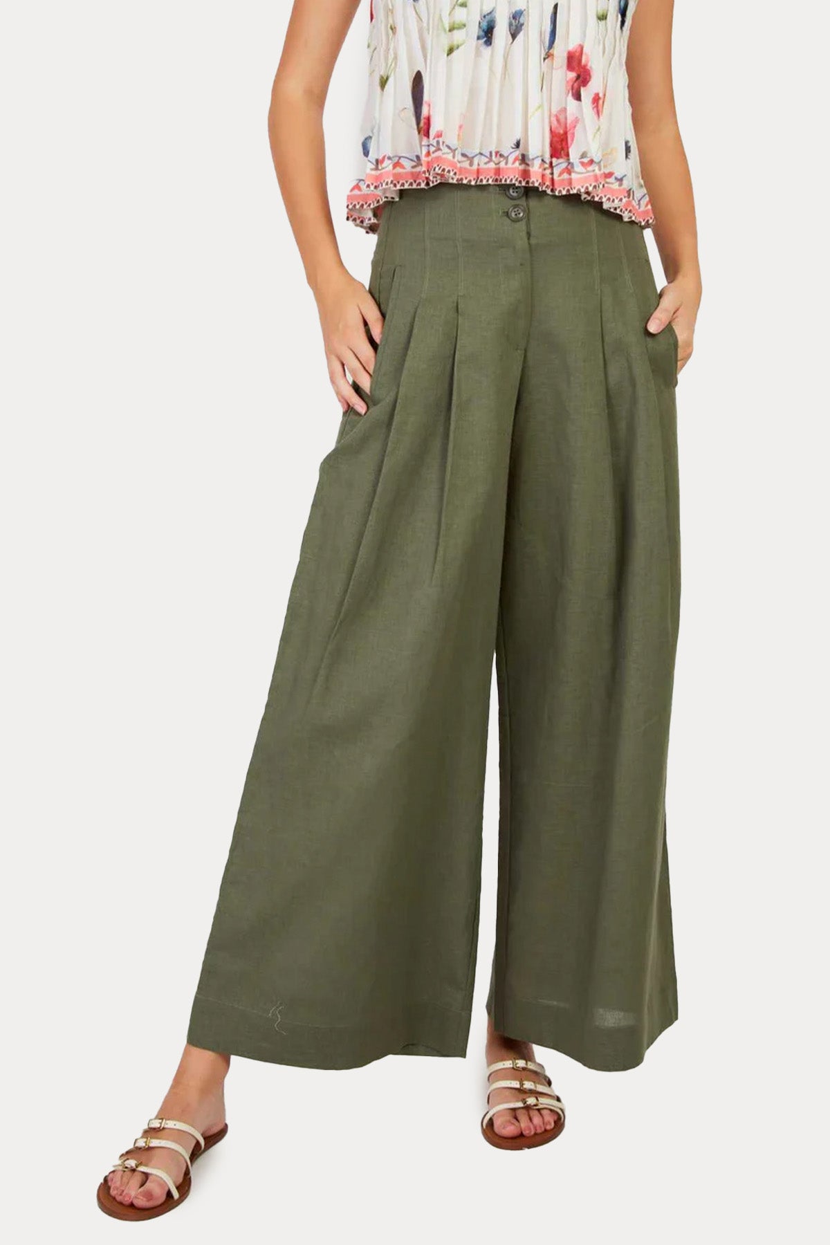 Rene Derhy Daisy Relaxed Fit Çift Pile Yandan Cepli Keten Pantolon