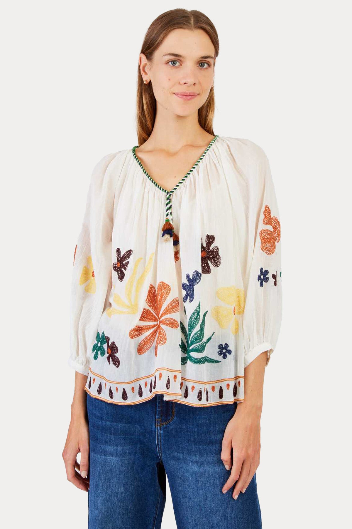 Rene Derhy Bedford Loose Fit Renkli Nakışlı Bluz