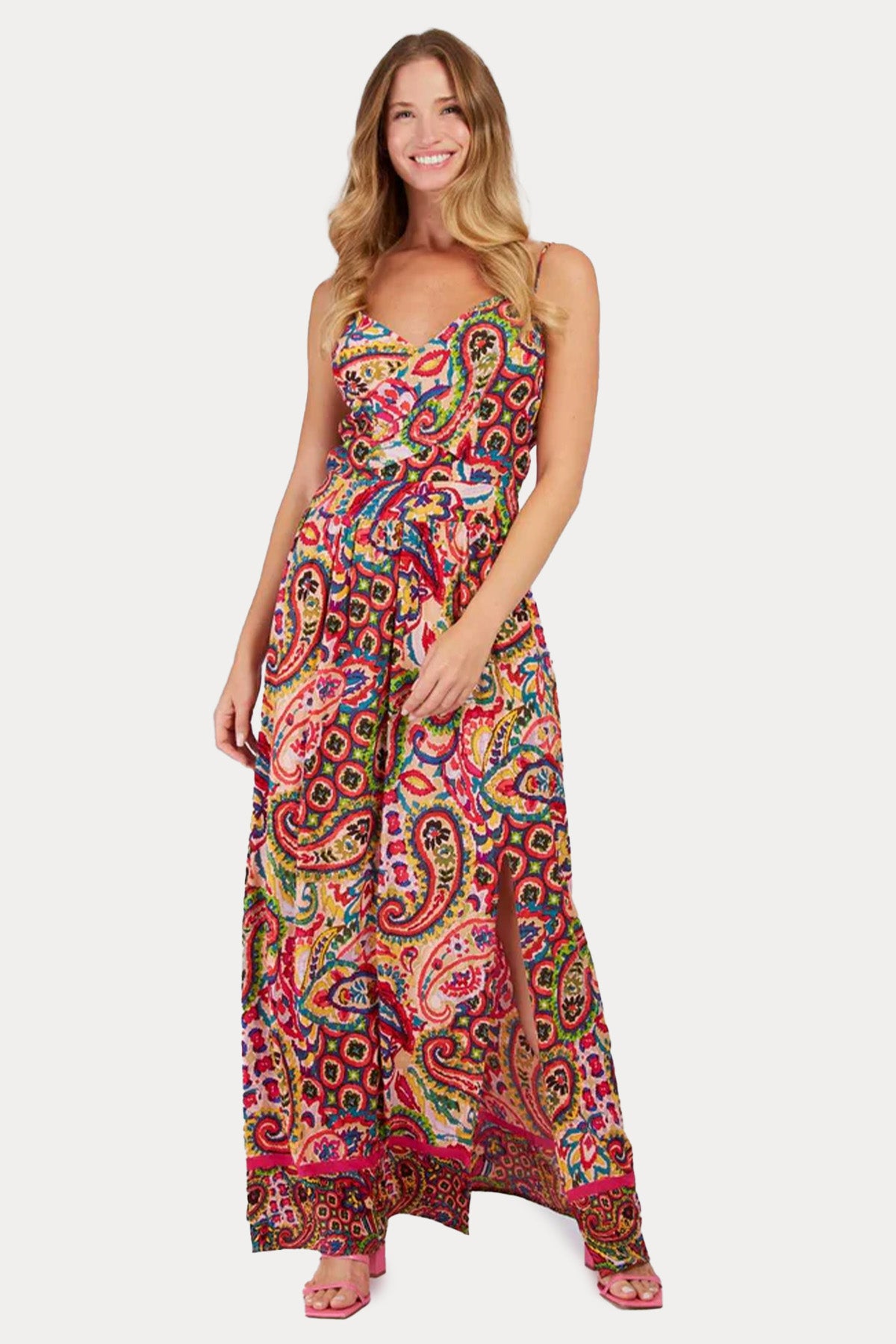 Rene Derhy Paolina Renkli Desenli Askılı Maxi Elbise