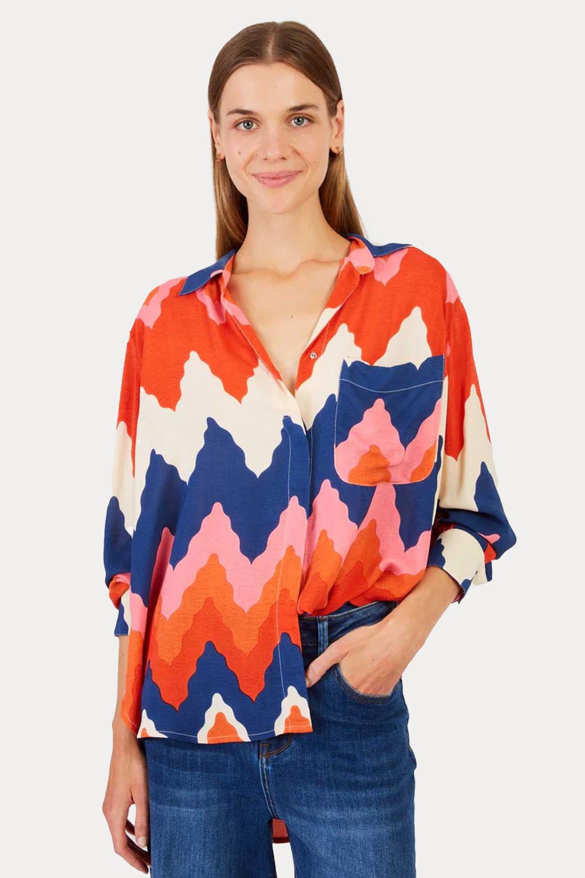 Rene Derhy Louise Classic Straight Fit Zikzak Renkli Desenli Gömlek