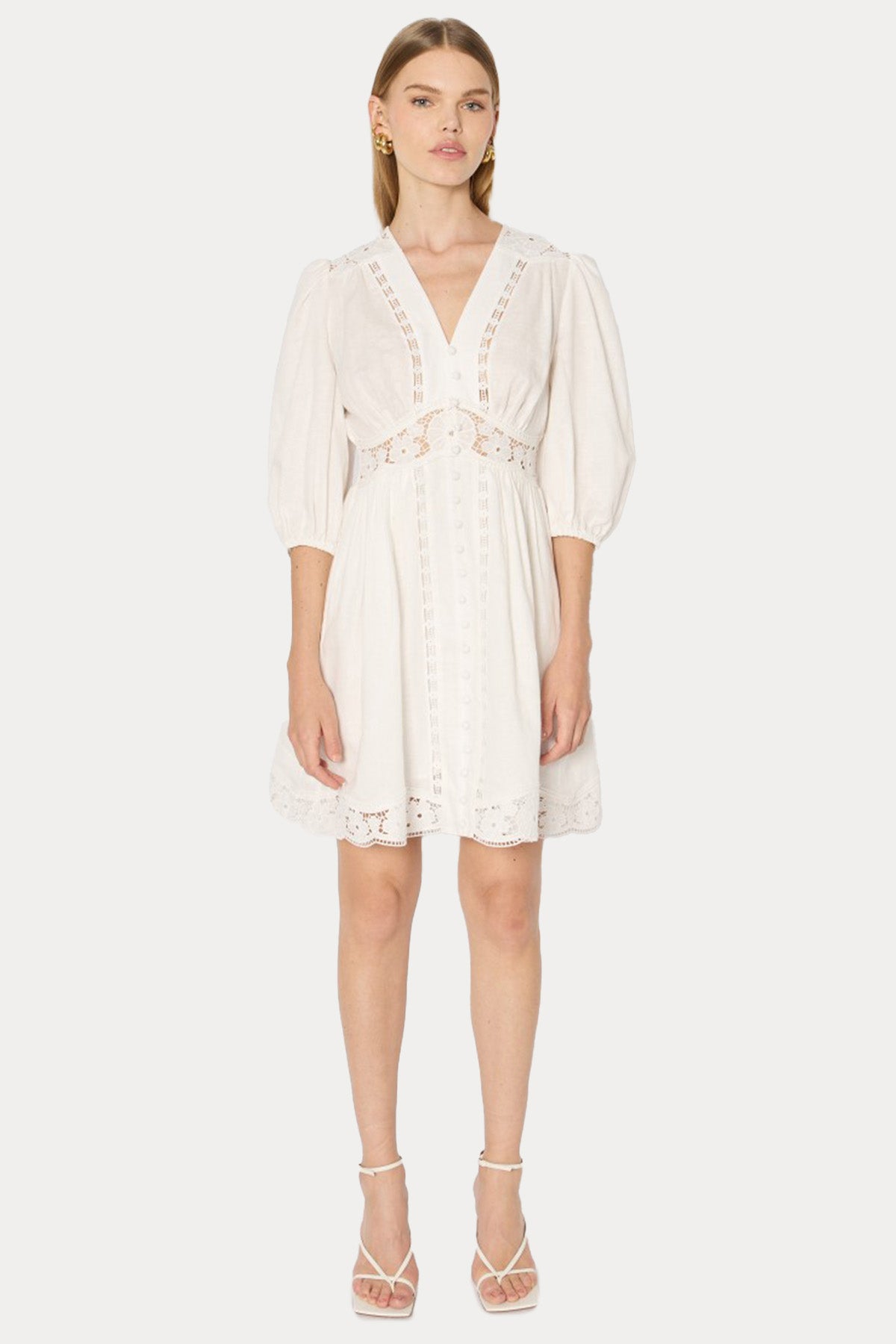 Berenice Roodie Dantel Nakışlı Mini Keten Elbise