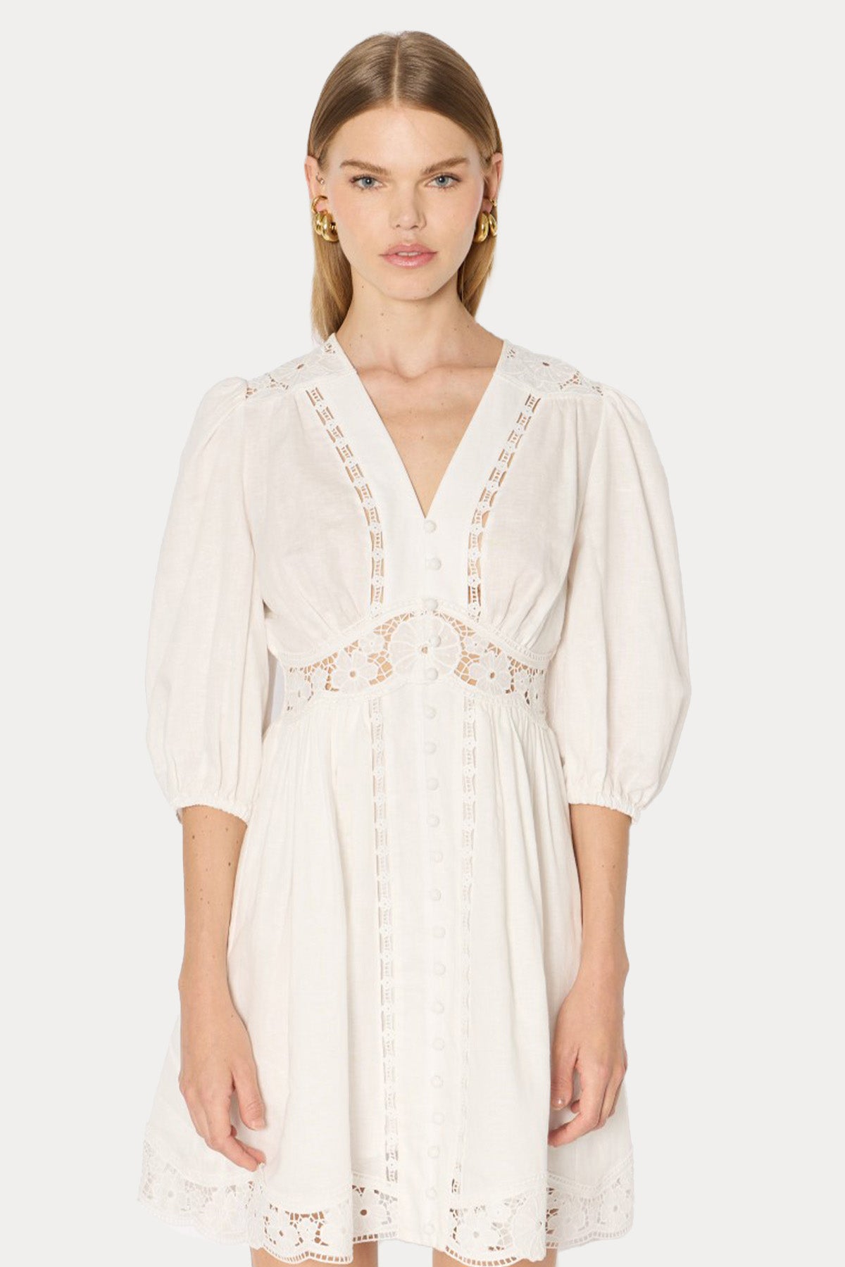 Berenice Roodie Dantel Nakışlı Mini Keten Elbise