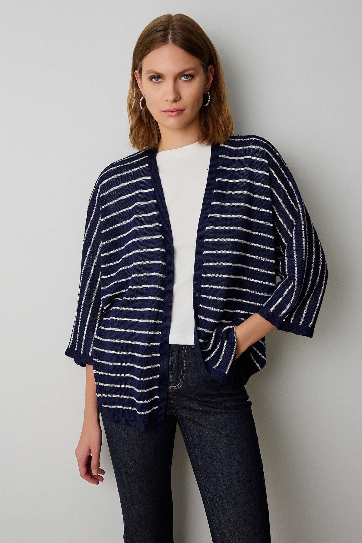 Bsb Regular Fit İnce Örgü Çizgili Triko Ceket