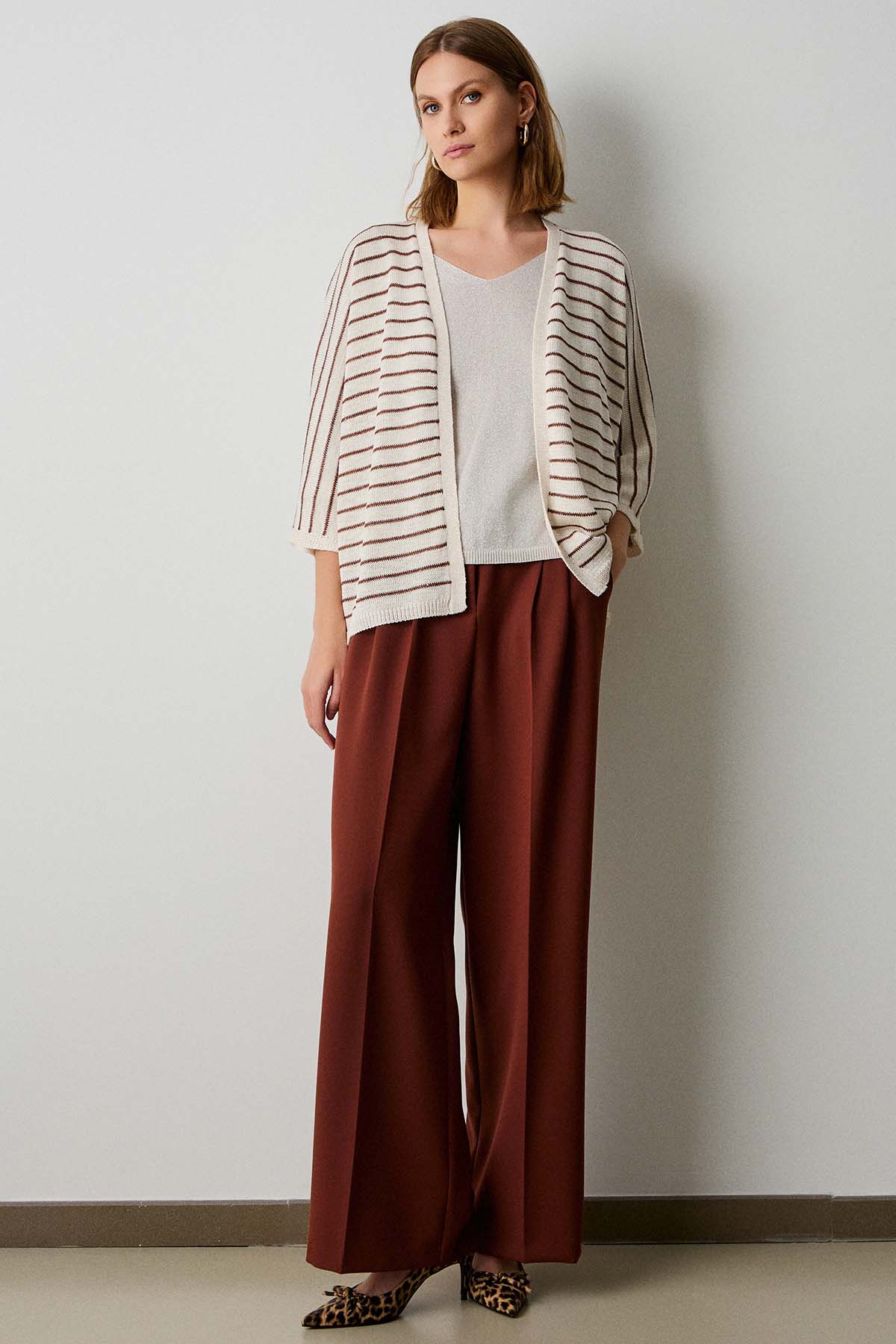 Bsb Regular Fit İnce Örgü Çizgili Triko Ceket