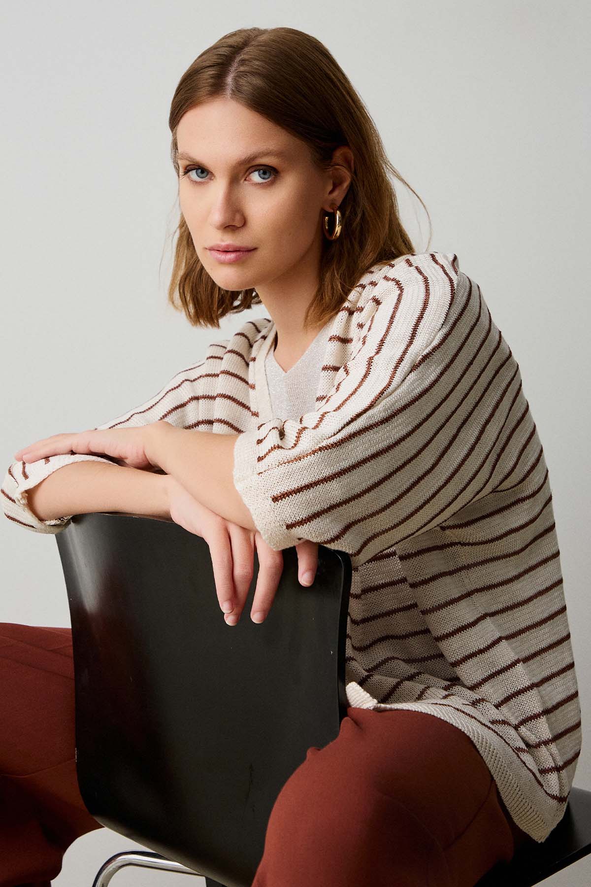 Bsb Regular Fit İnce Örgü Çizgili Triko Ceket