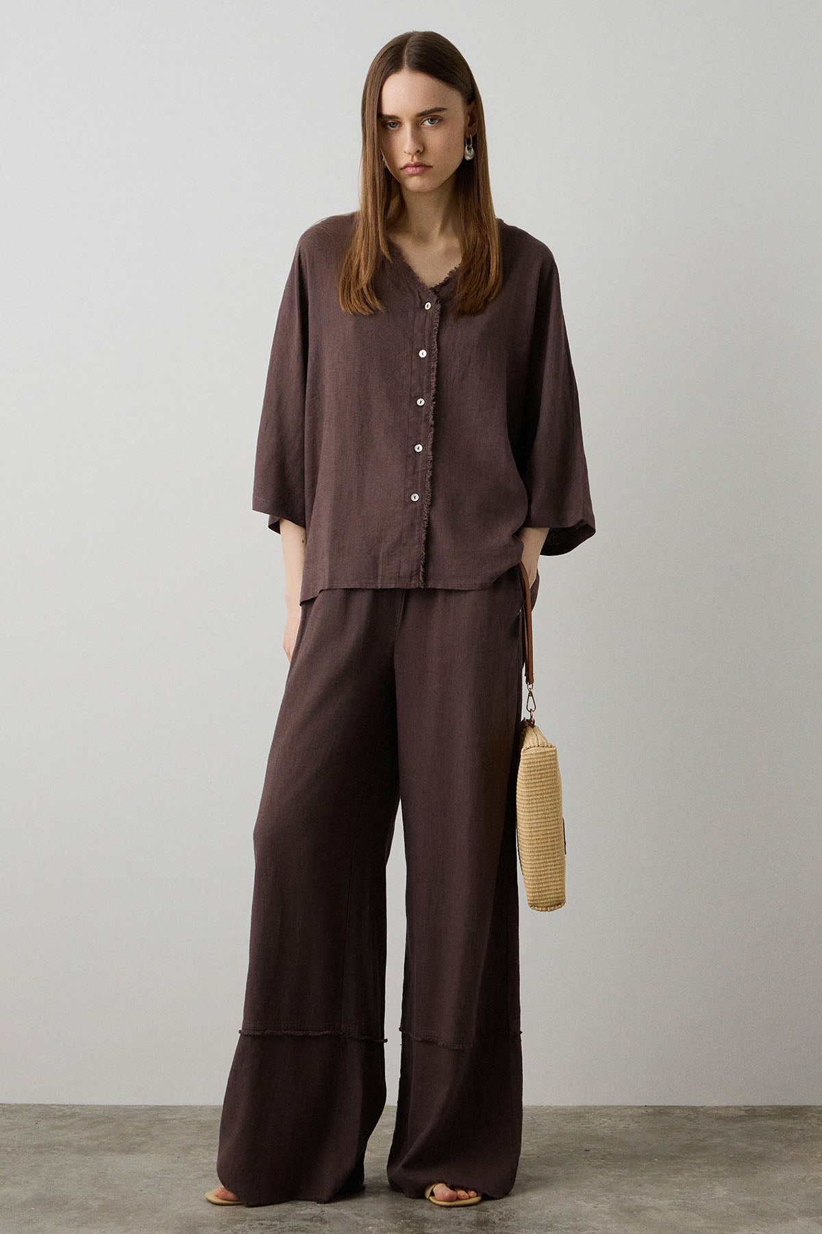 Bsb Geniş Kesim Beli Lastikli Keten Pantolon