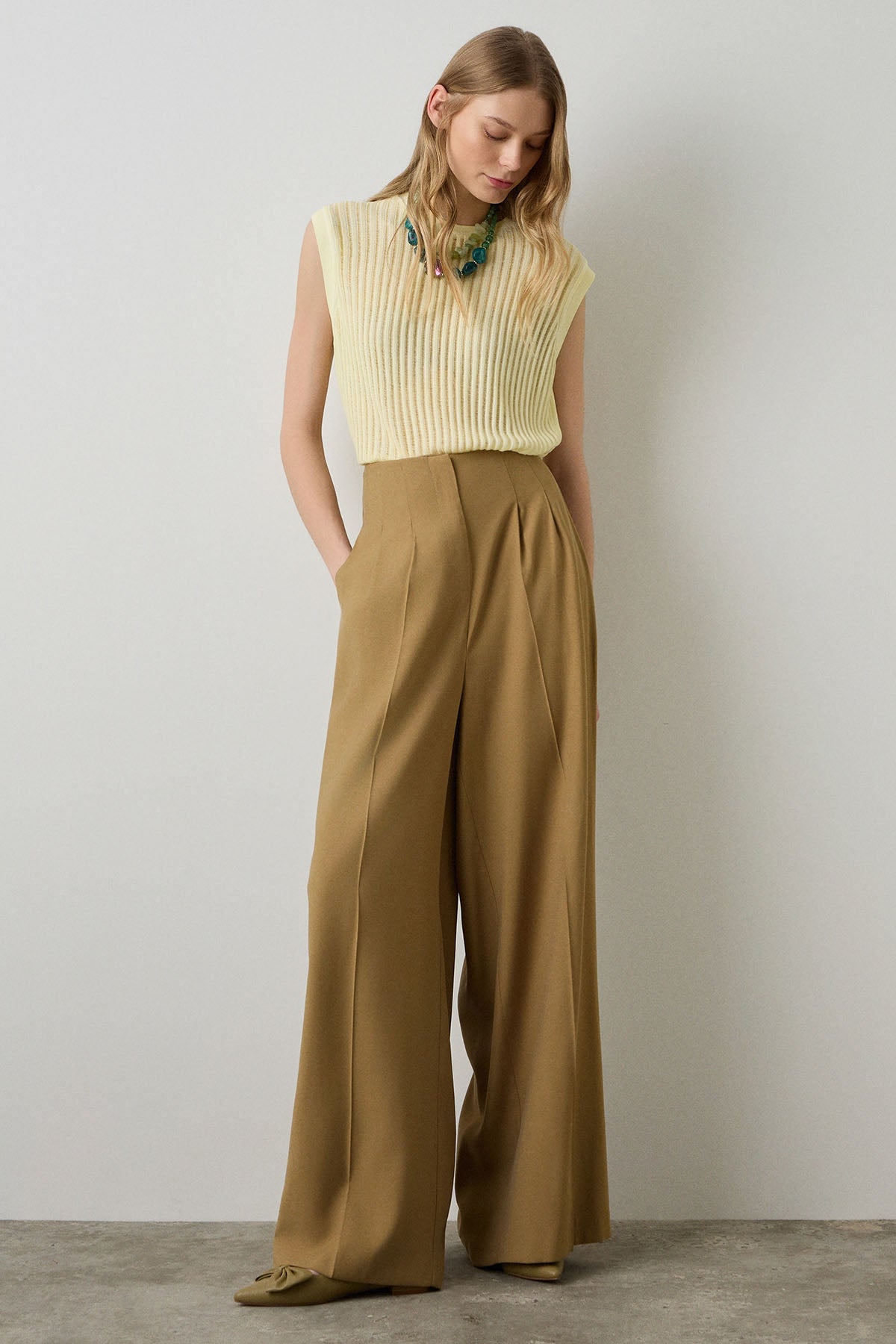 Bsb Geniş Kesim Yüksek Bel Çift Pileli Pantolon