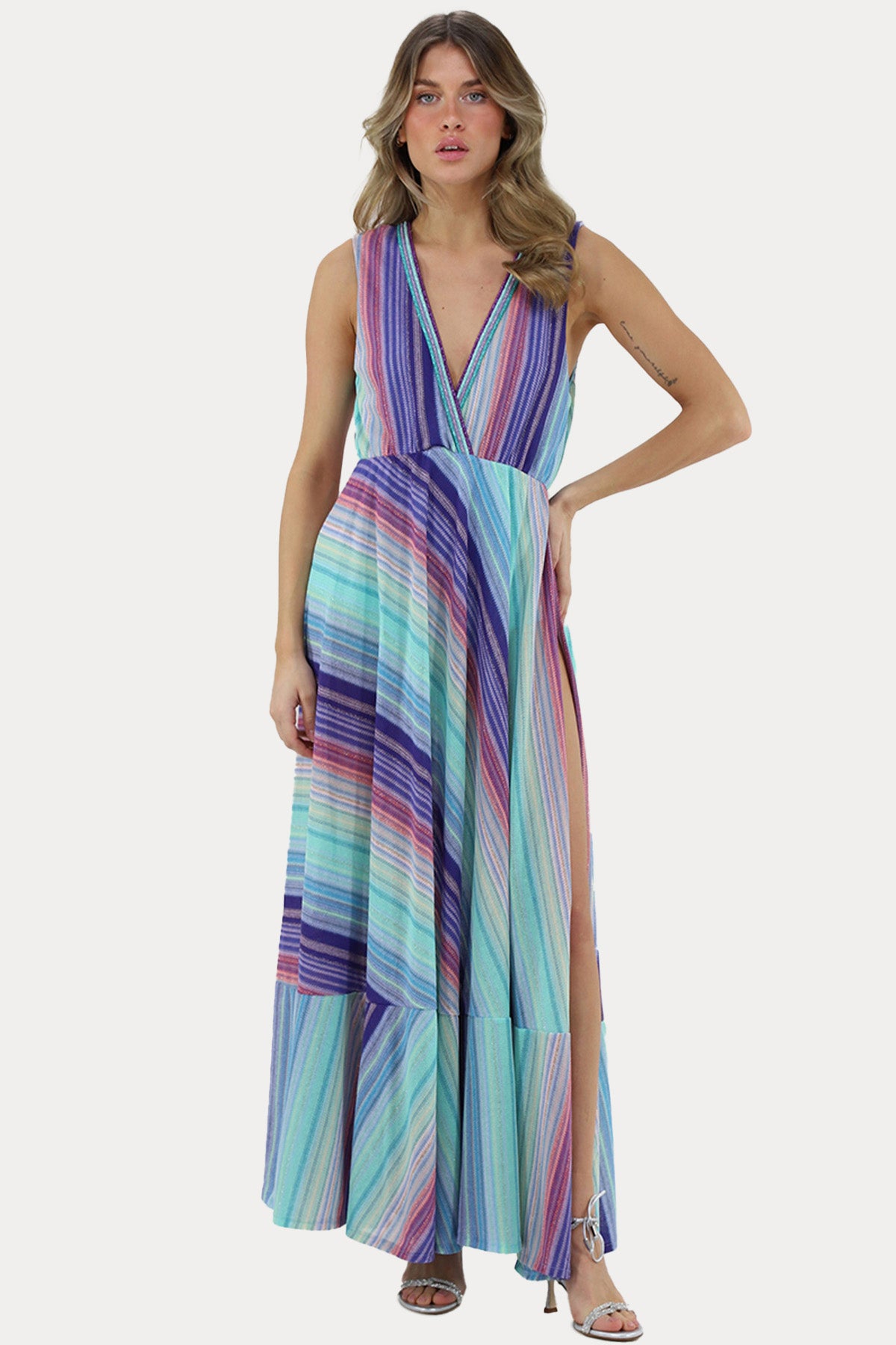 Pho Firenze Zıbınlı Maxi Tek Yırtmaç Elbise