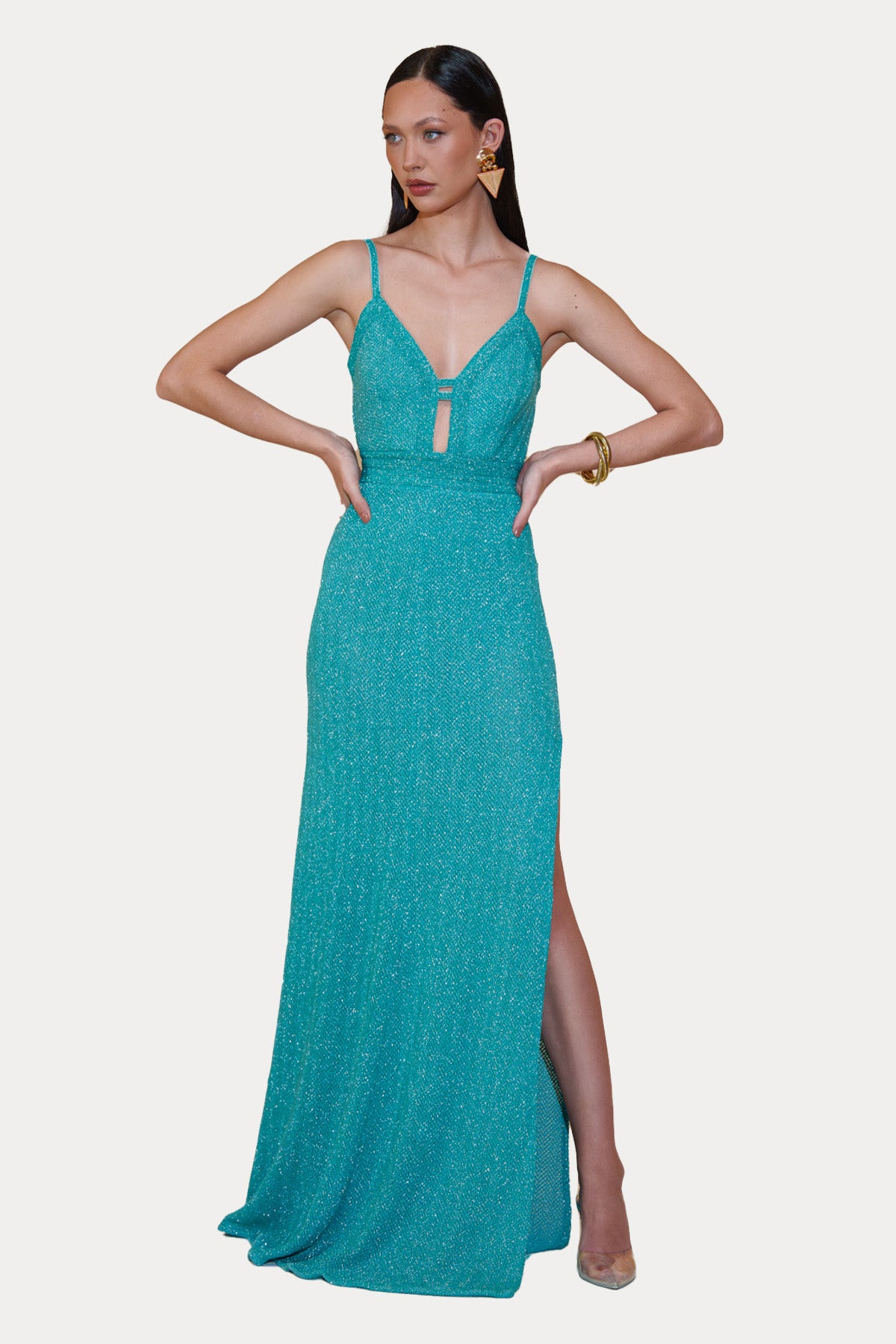 Pho Firenze Zıbınlı Maxi Tek Yırtmaç Elbise