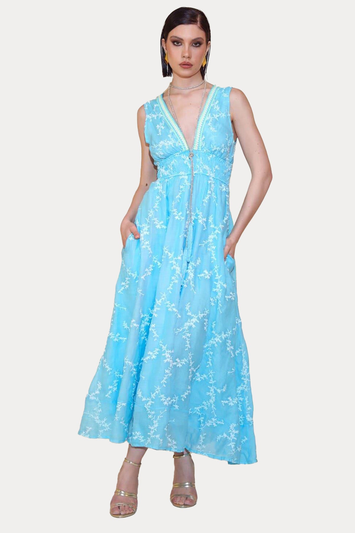 Pho Firenze V Yaka Nakış Desenli Maxi Elbise