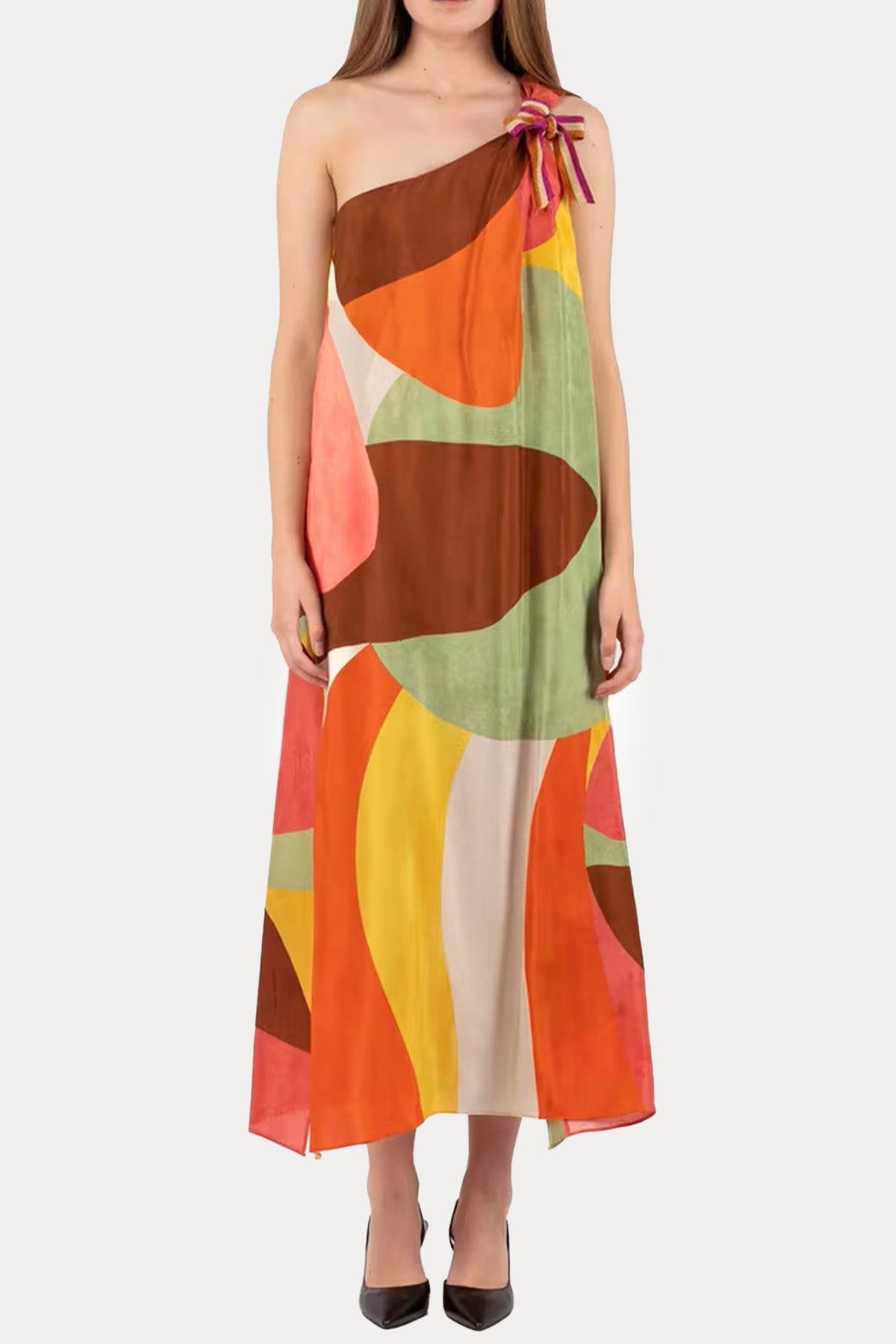 Hanita Tek Omuz Renkli Desenli Midi Elbise