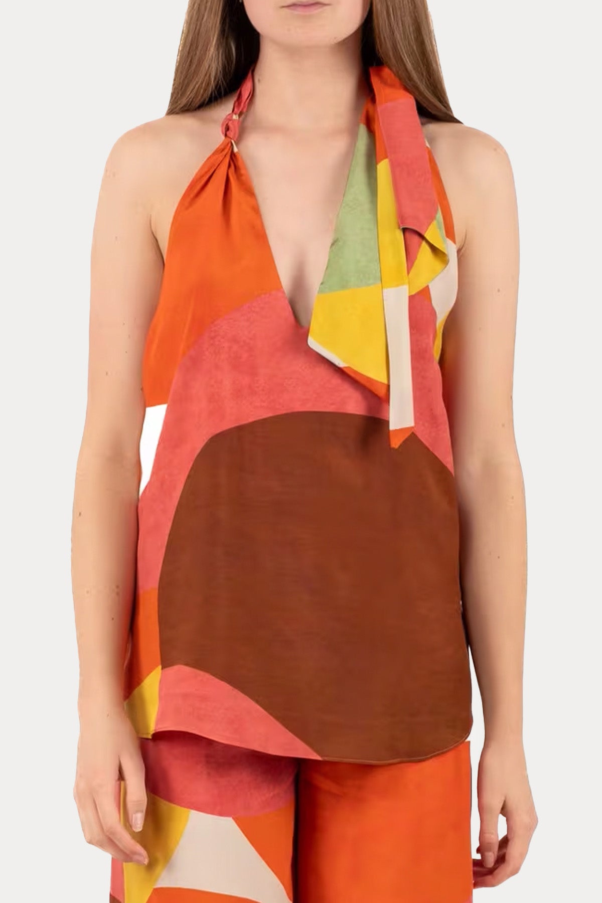 Hanita V Yaka Renkli Desenli Sırt Dekolteli Bluz