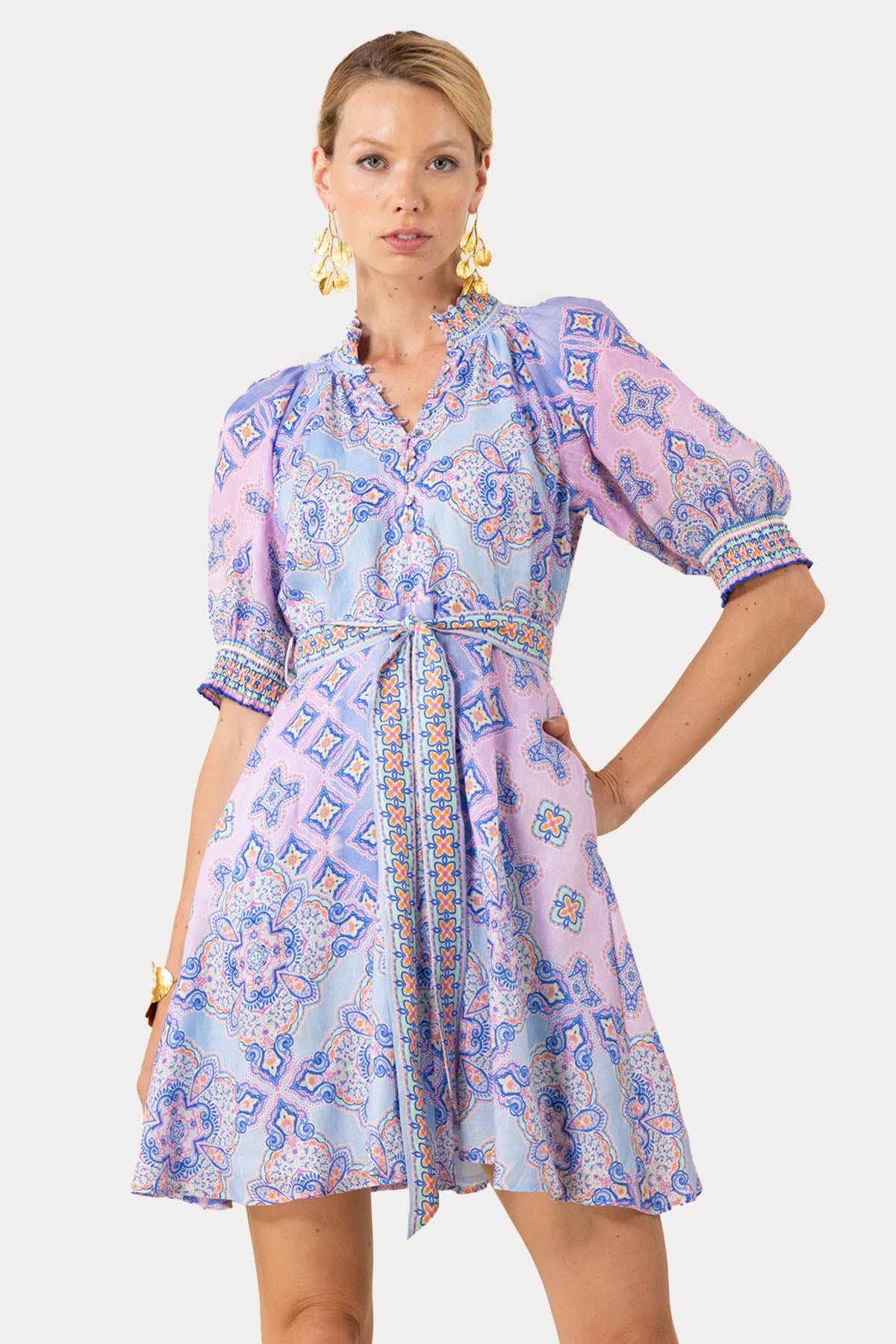 Hale Bob Kemerli Mini Keten Elbise