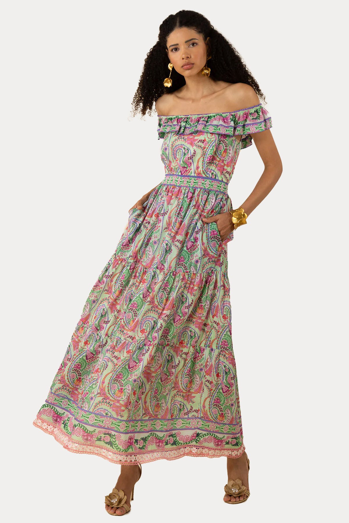 Hale Bob Straplez Yaka Renkli Desenli Maxi Elbise