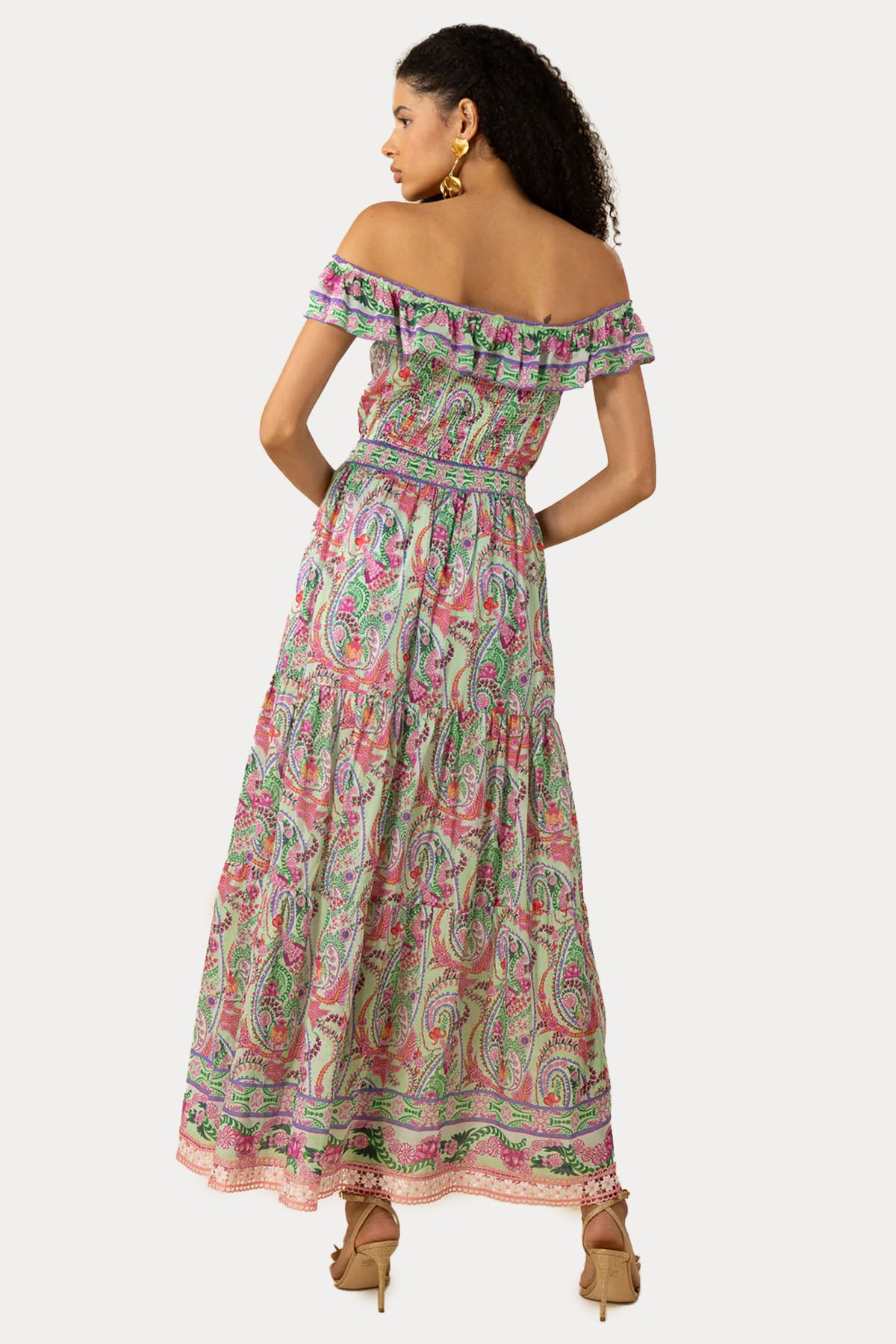 Hale Bob Straplez Yaka Renkli Desenli Maxi Elbise