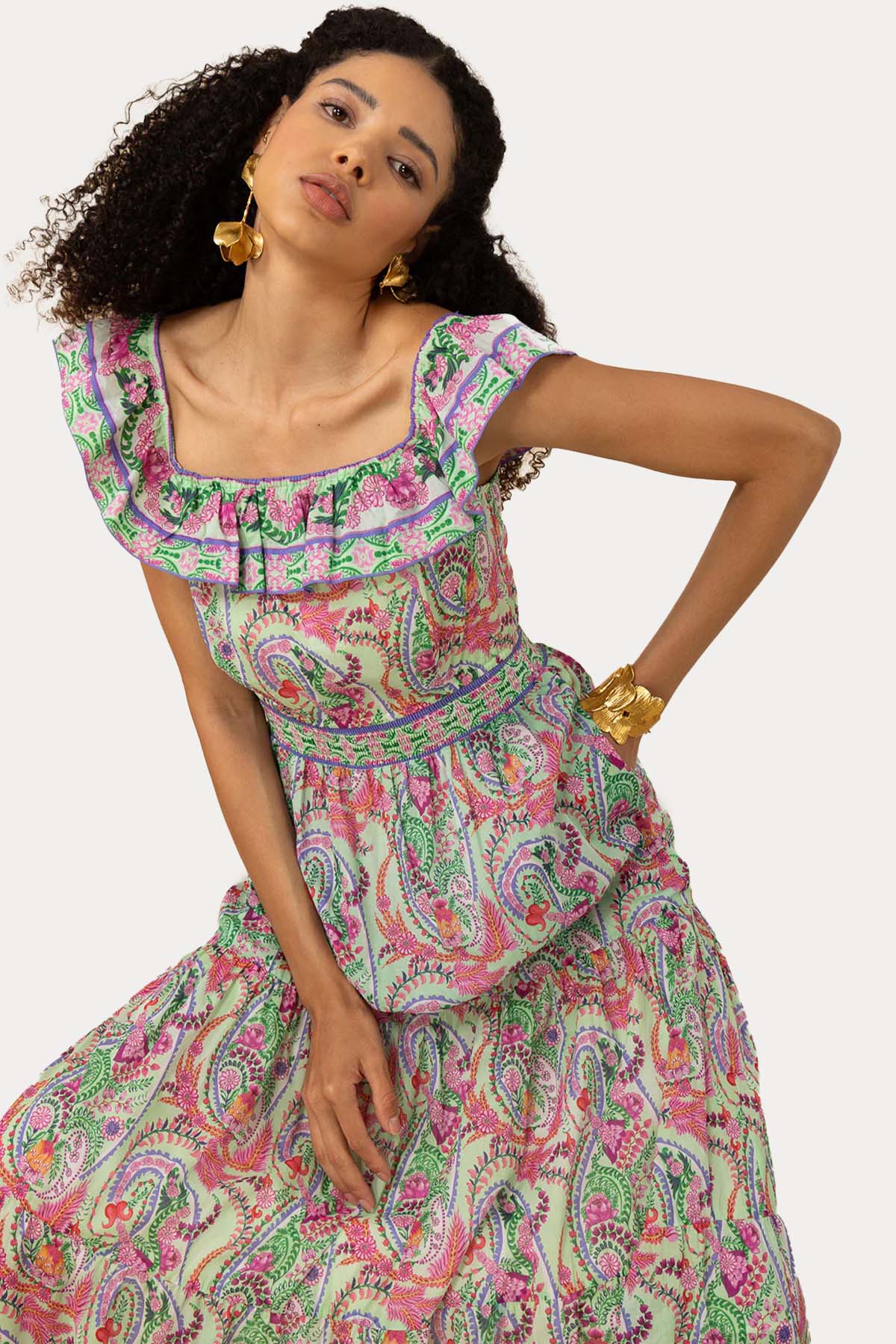 Hale Bob Straplez Yaka Renkli Desenli Maxi Elbise