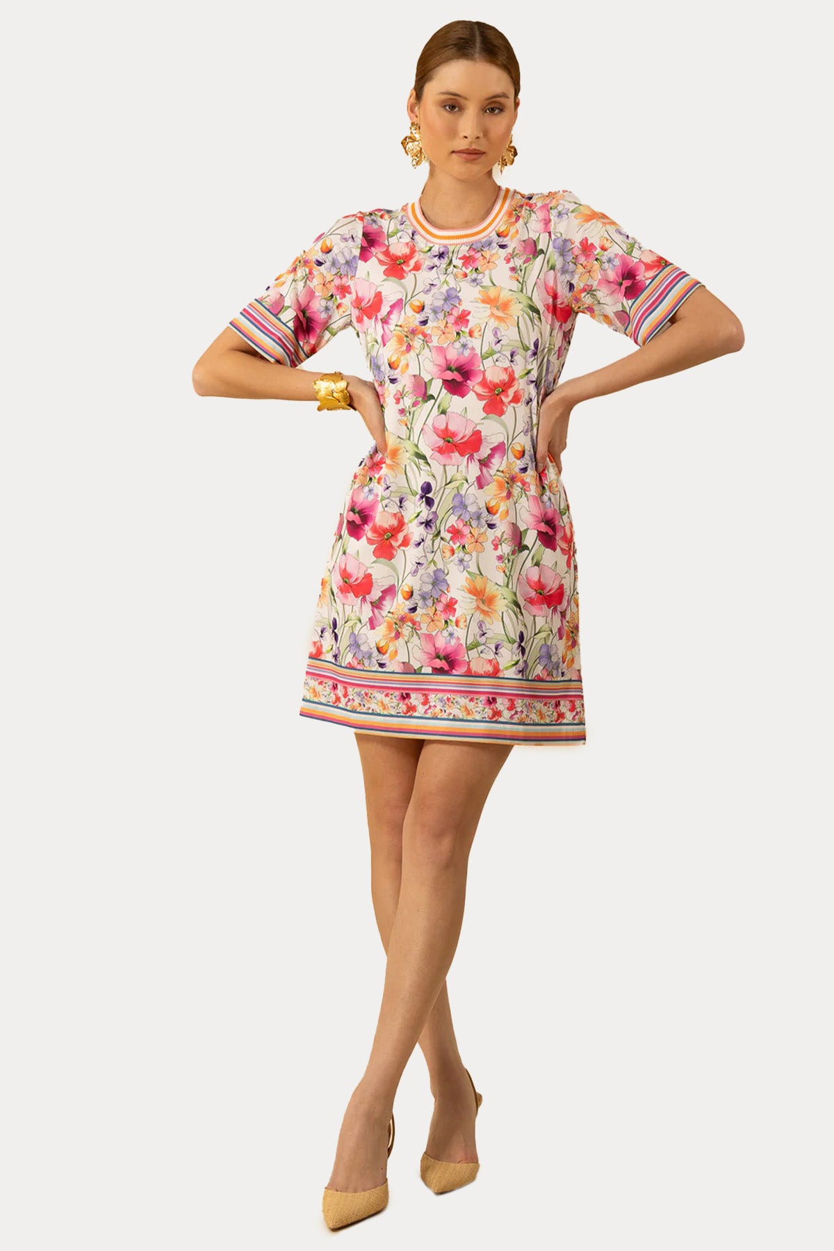 Hale Bob Yuvarlak Yaka Renkli Desenli Streç Mini Elbise