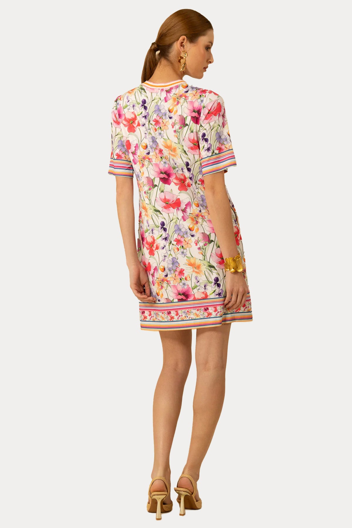 Hale Bob Yuvarlak Yaka Renkli Desenli Streç Mini Elbise