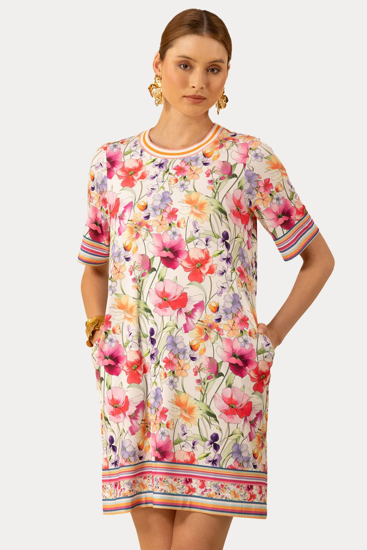 Hale Bob Yuvarlak Yaka Renkli Desenli Streç Mini Elbise