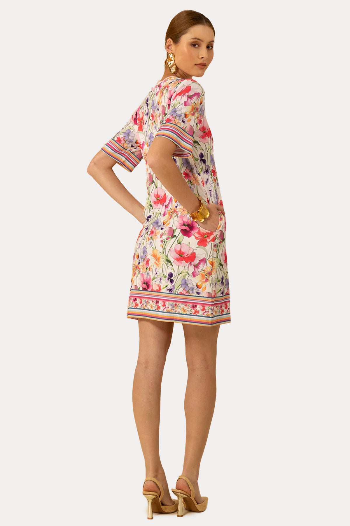 Hale Bob Yuvarlak Yaka Renkli Desenli Streç Mini Elbise