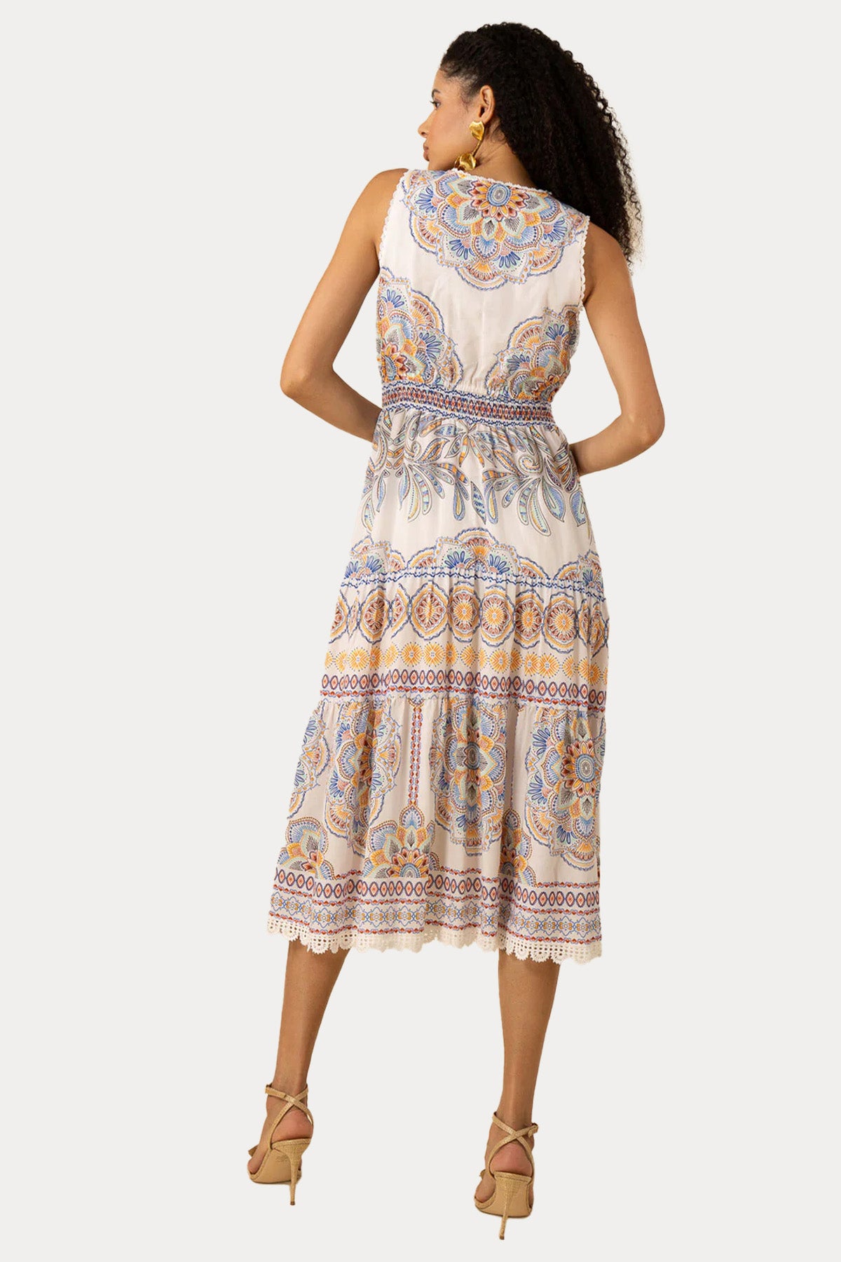 Hale Bob V Yaka Dantel Nakışlı Midi Elbise