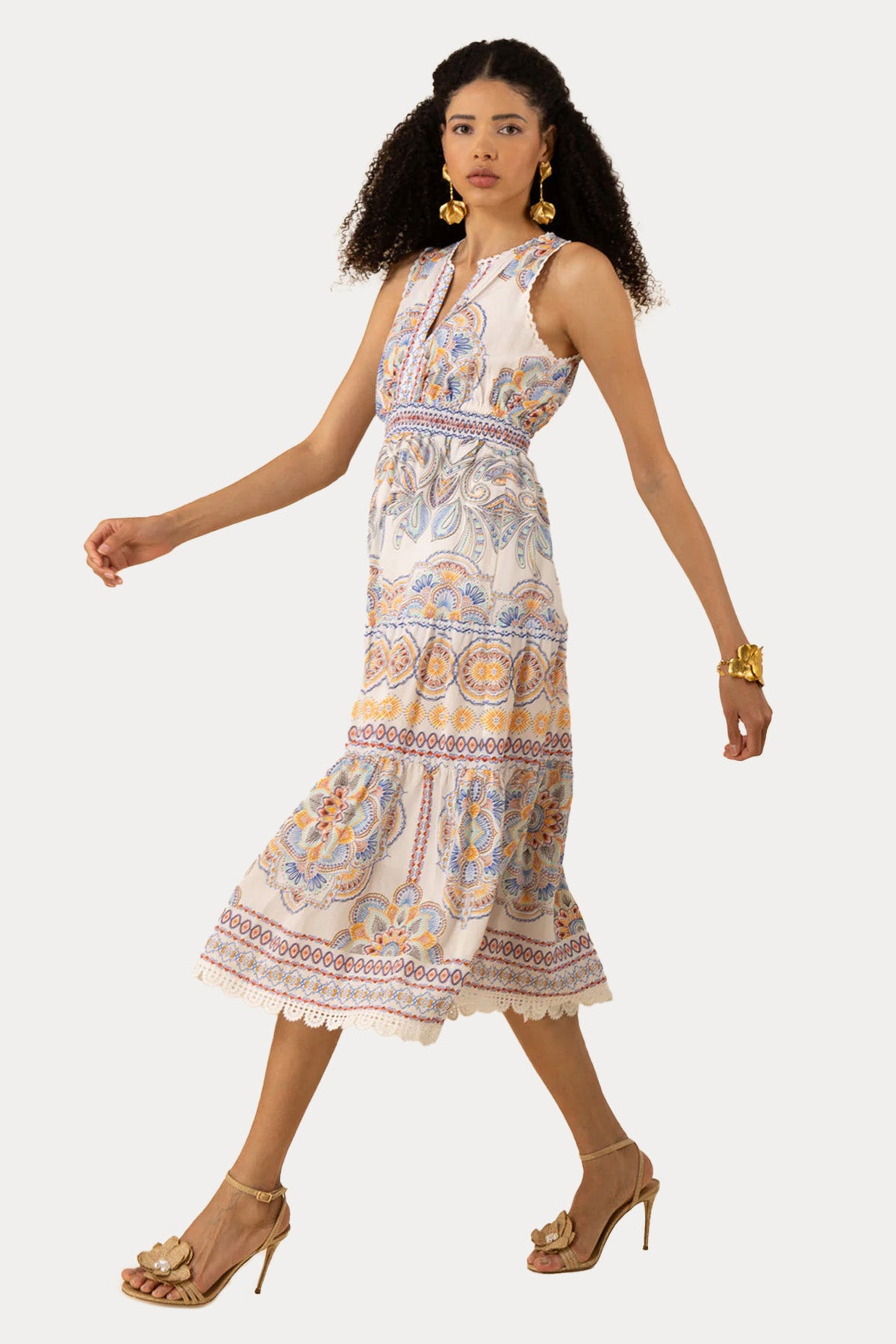 Hale Bob V Yaka Dantel Nakışlı Midi Elbise