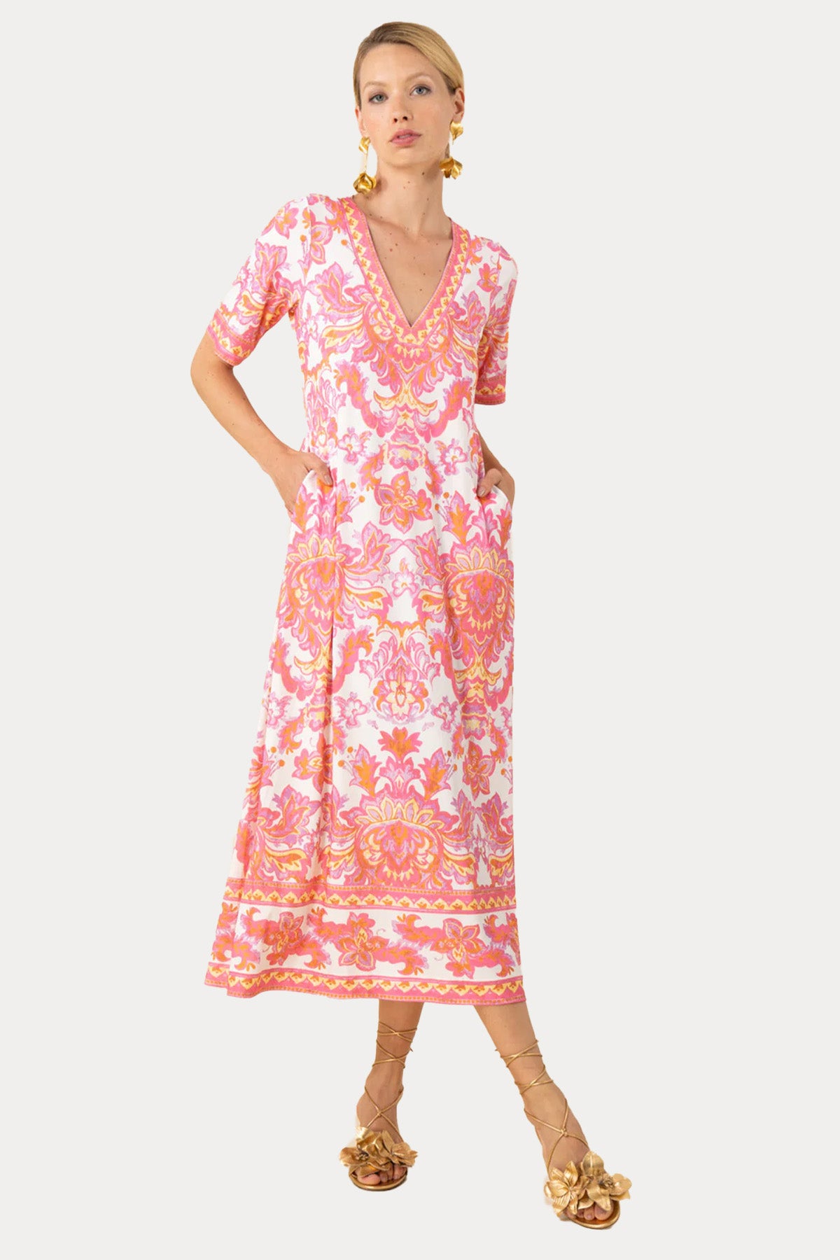 Hale Bob Renkli Desenli Streç Midi Elbise