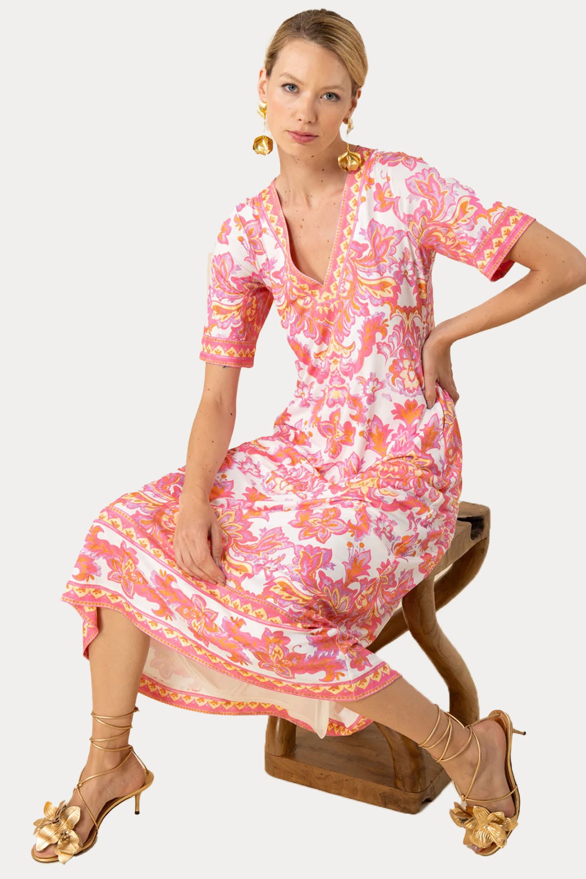 Hale Bob Renkli Desenli Streç Midi Elbise