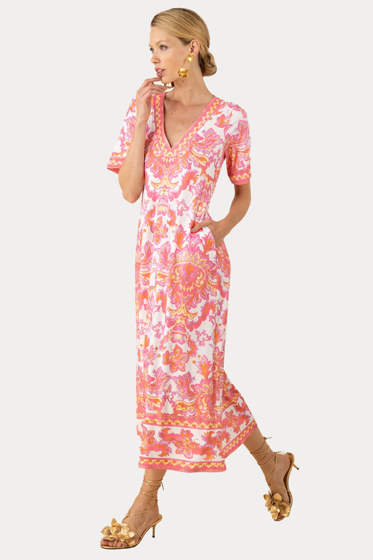 Hale Bob Renkli Desenli Streç Midi Elbise